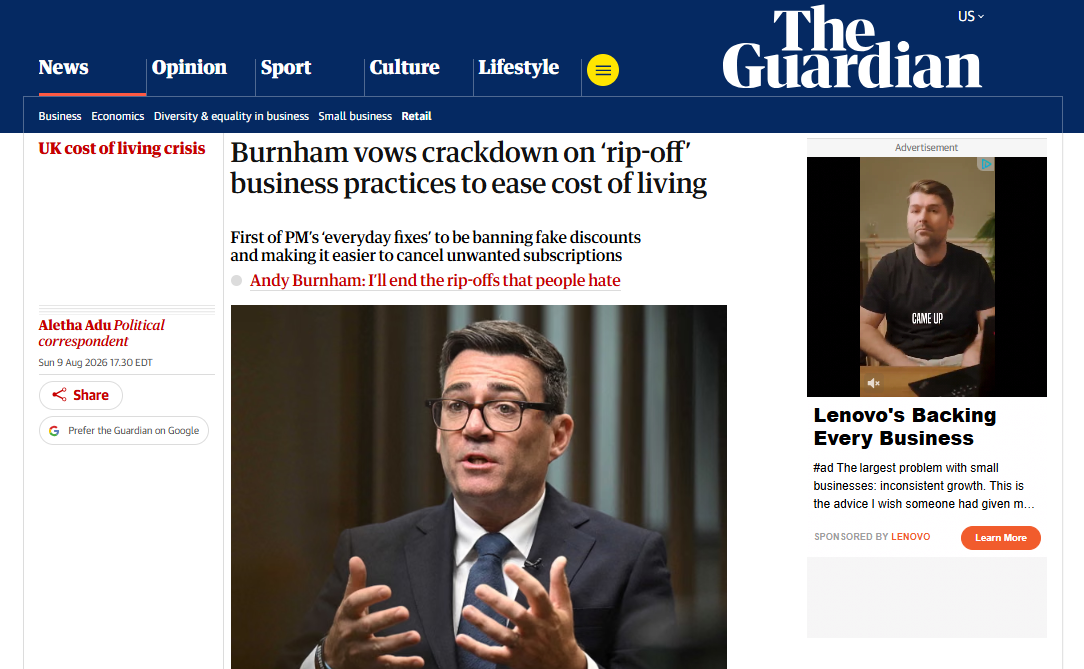 Burnham vows crackdown on ‘rip-off’ business practices to ease cost of living