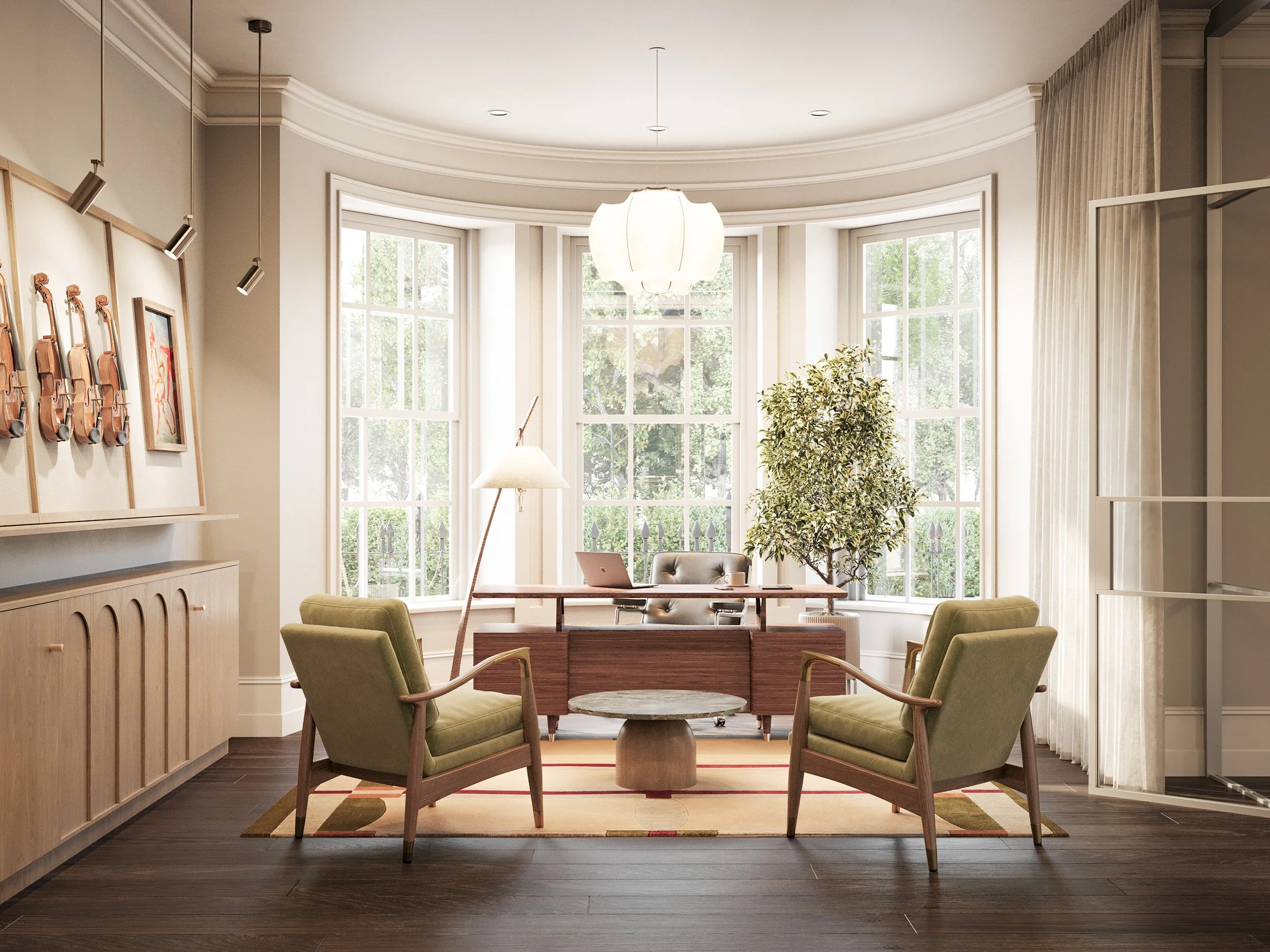 Design visual of the chief executive's office in a Regent's Park bow window, with violins on the wall and arched timber joinery