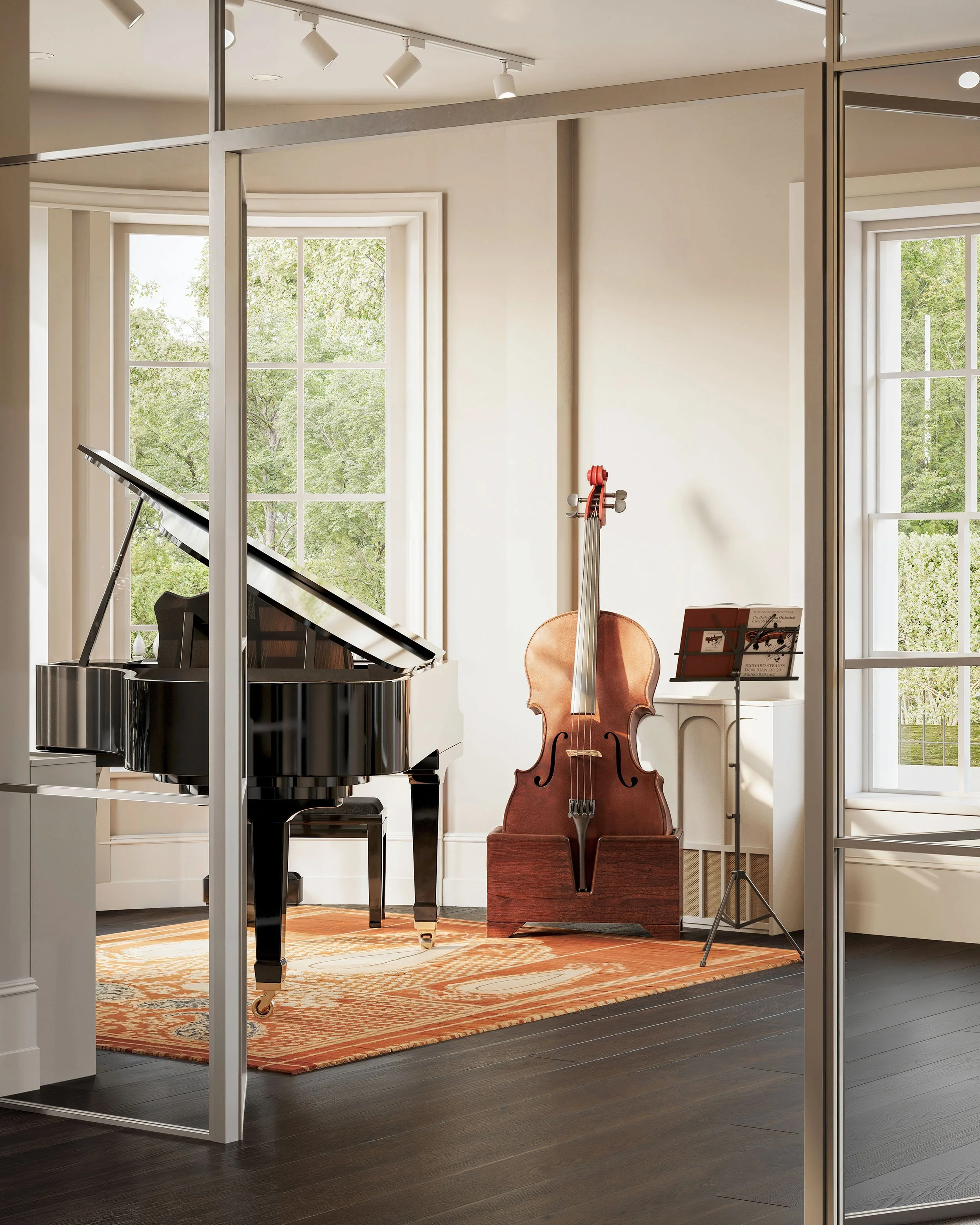 Design visual of main auction room with grand piano and cello behind an acoustically rated glazed screen in a Grade I listed terrace