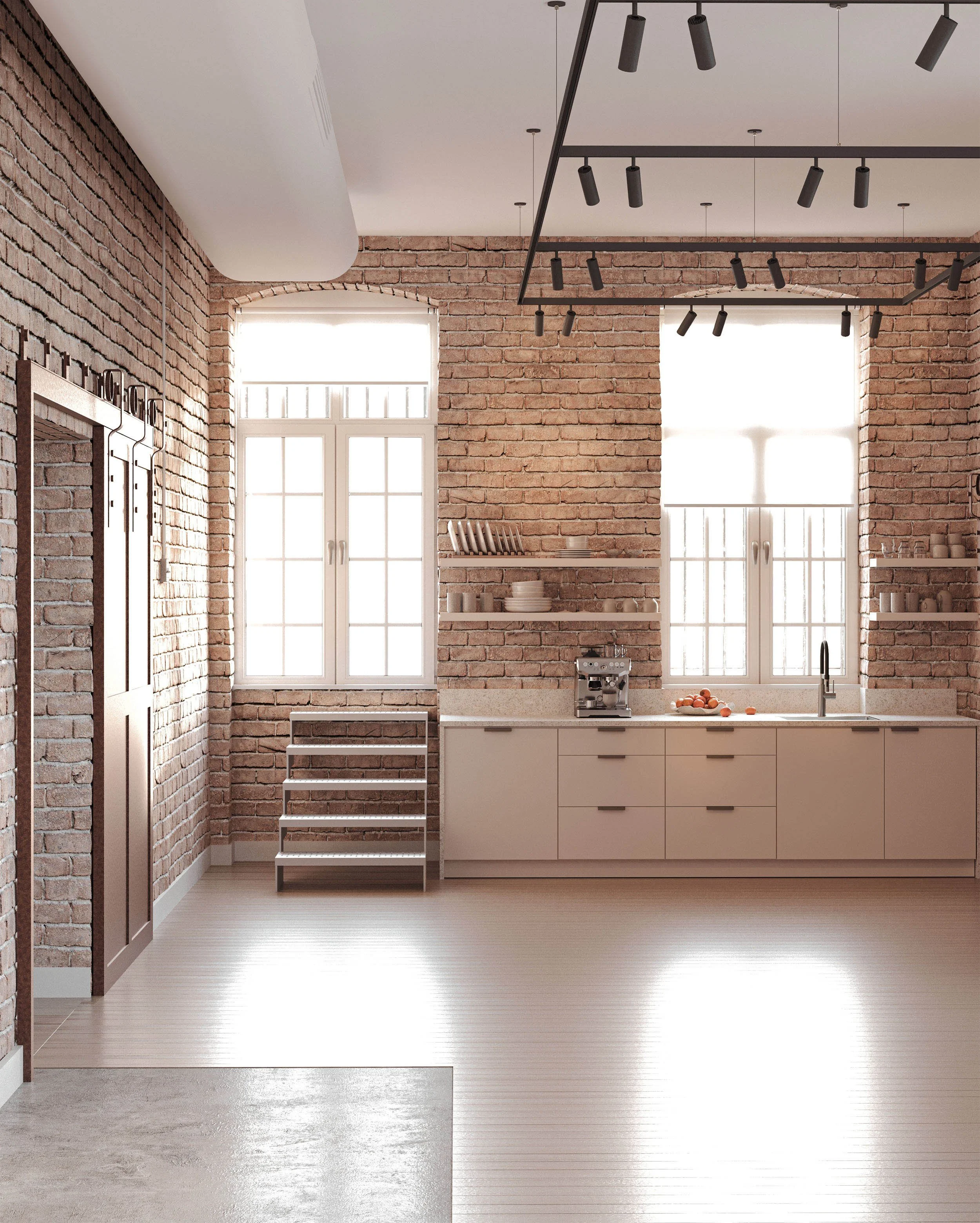 Visualisation of a proposed workplace teapoint with exposed brick walls and arched sash windows, within a Grade II listed Clerkenwell type foundry.