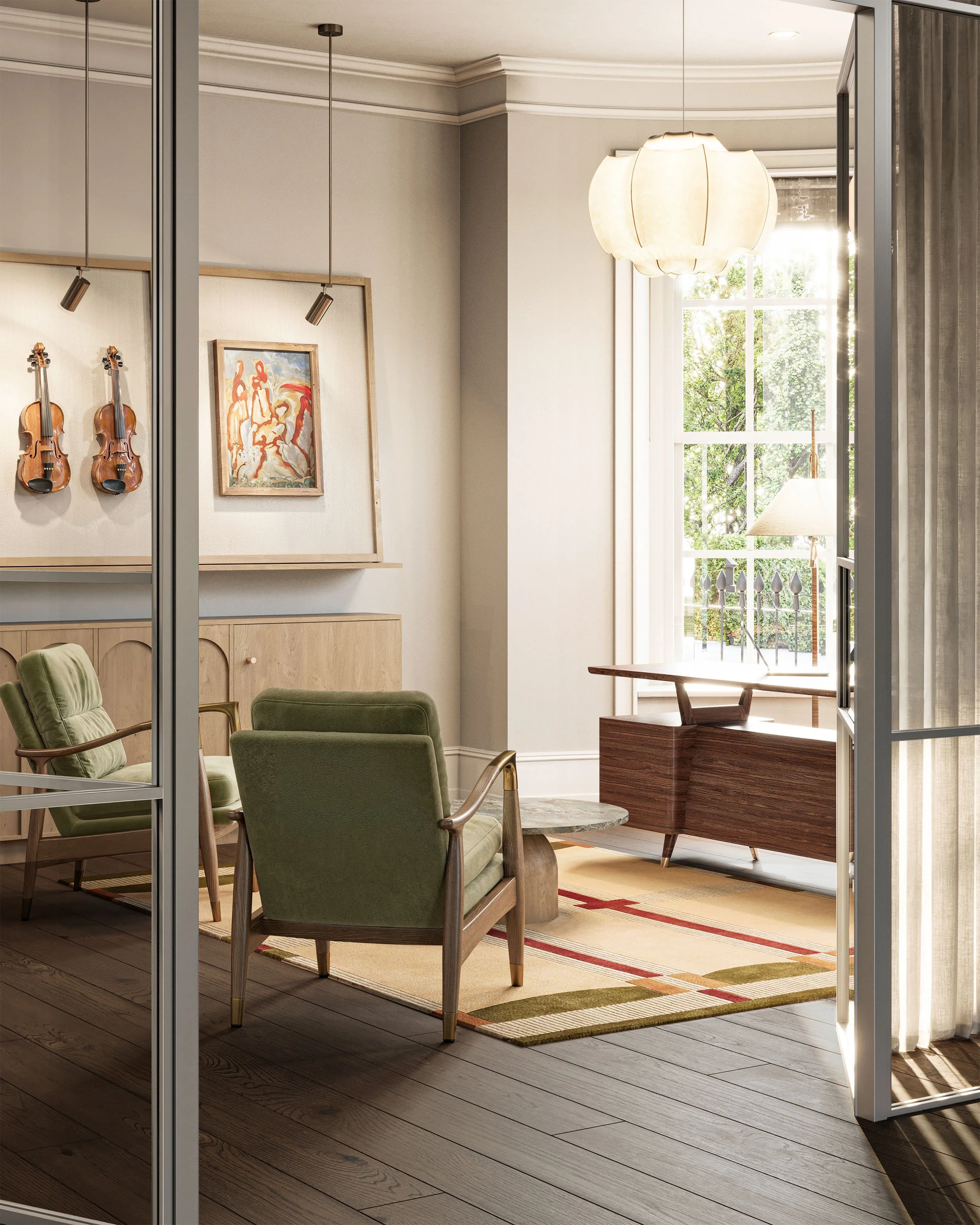 Design visual of the chief executive’s office in a Regent’s Park bow window, with violins on the wall and green armchairs