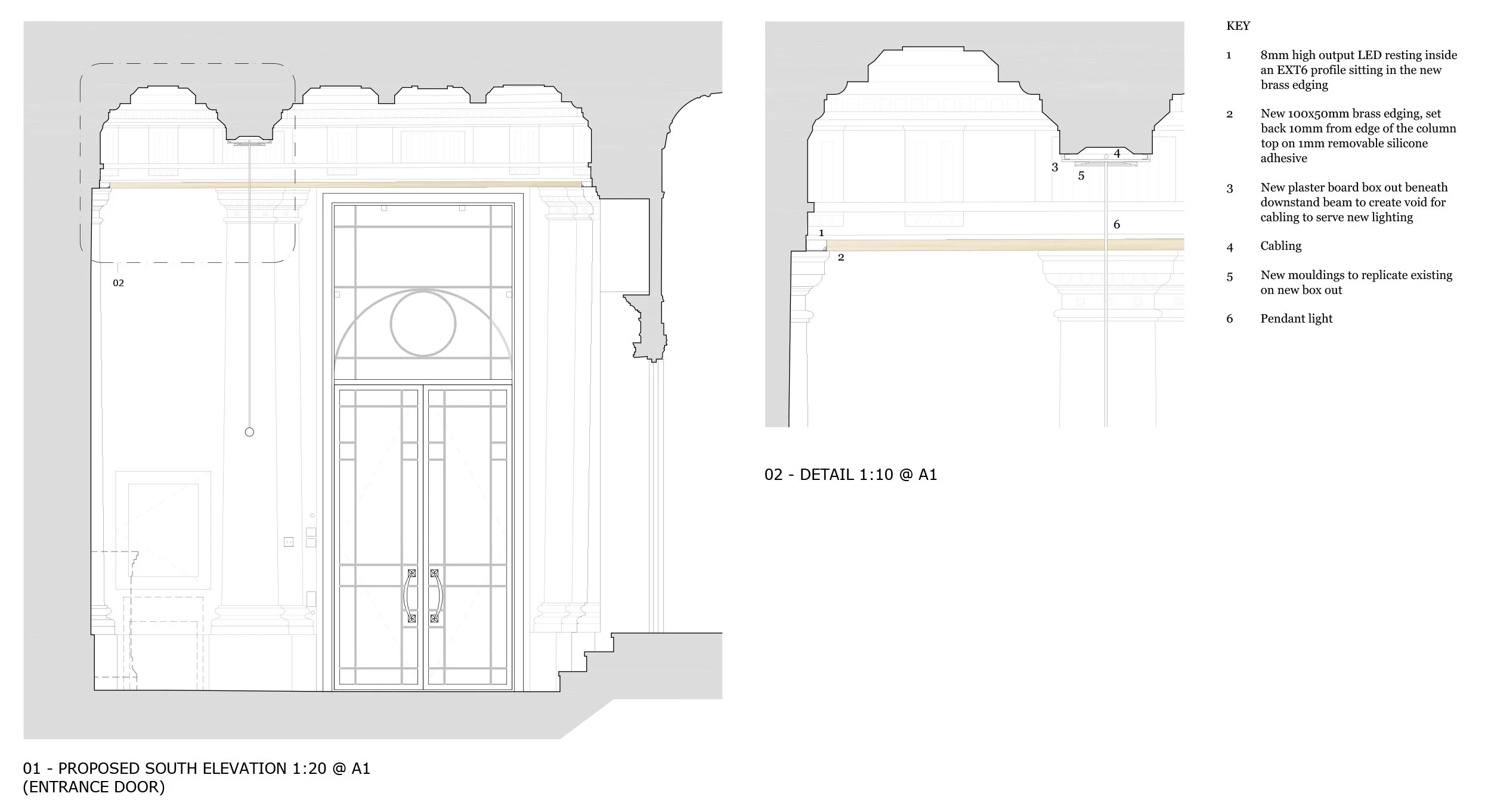 Technical drawing showing boxed out MDF panelling below downstand beam to conceal new cable run to pendant lights above reception desk that avoids the need to chase into existing historic fabric.