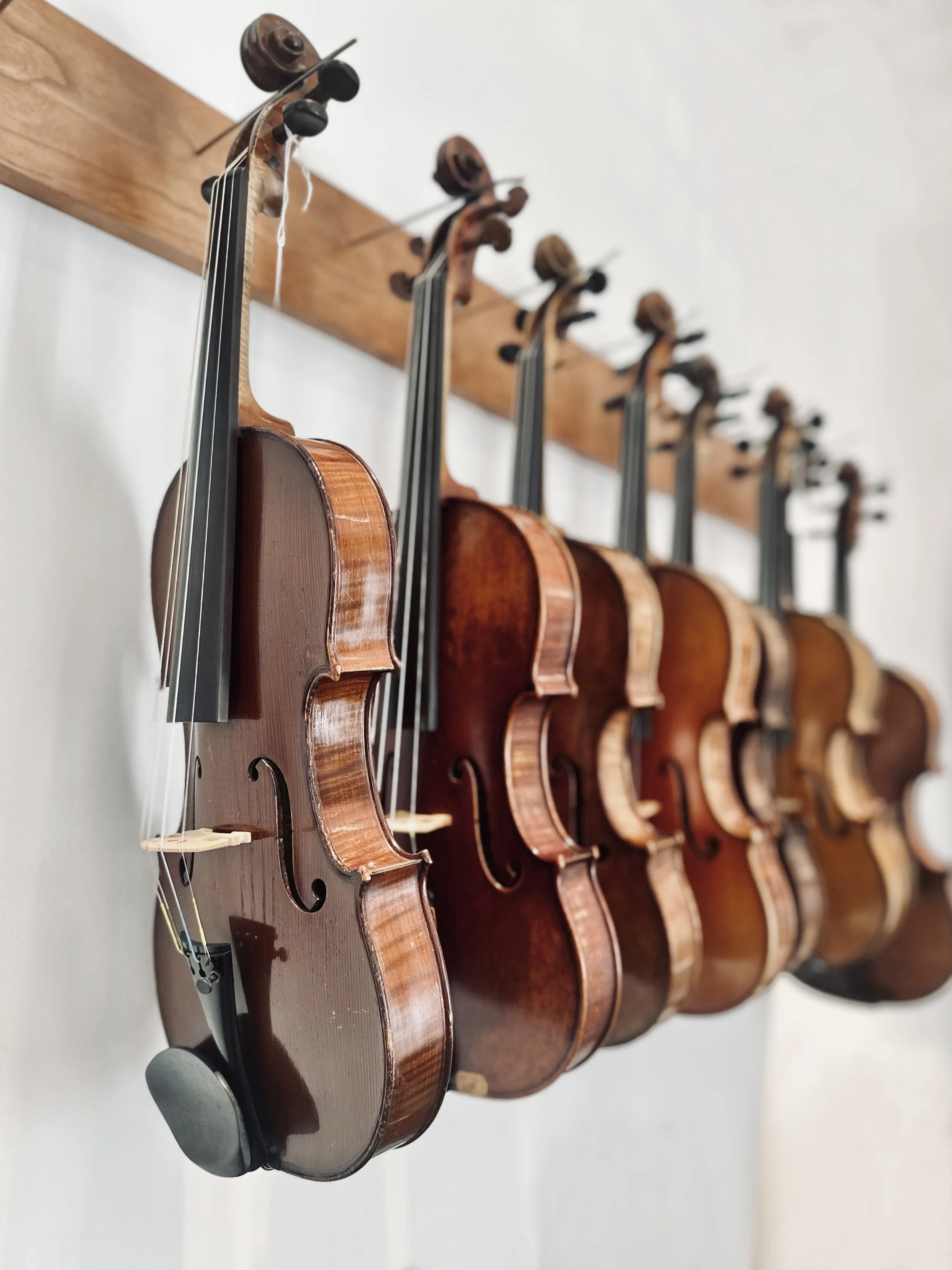 Row of antique violins hanging from a timber rail at Tarisio