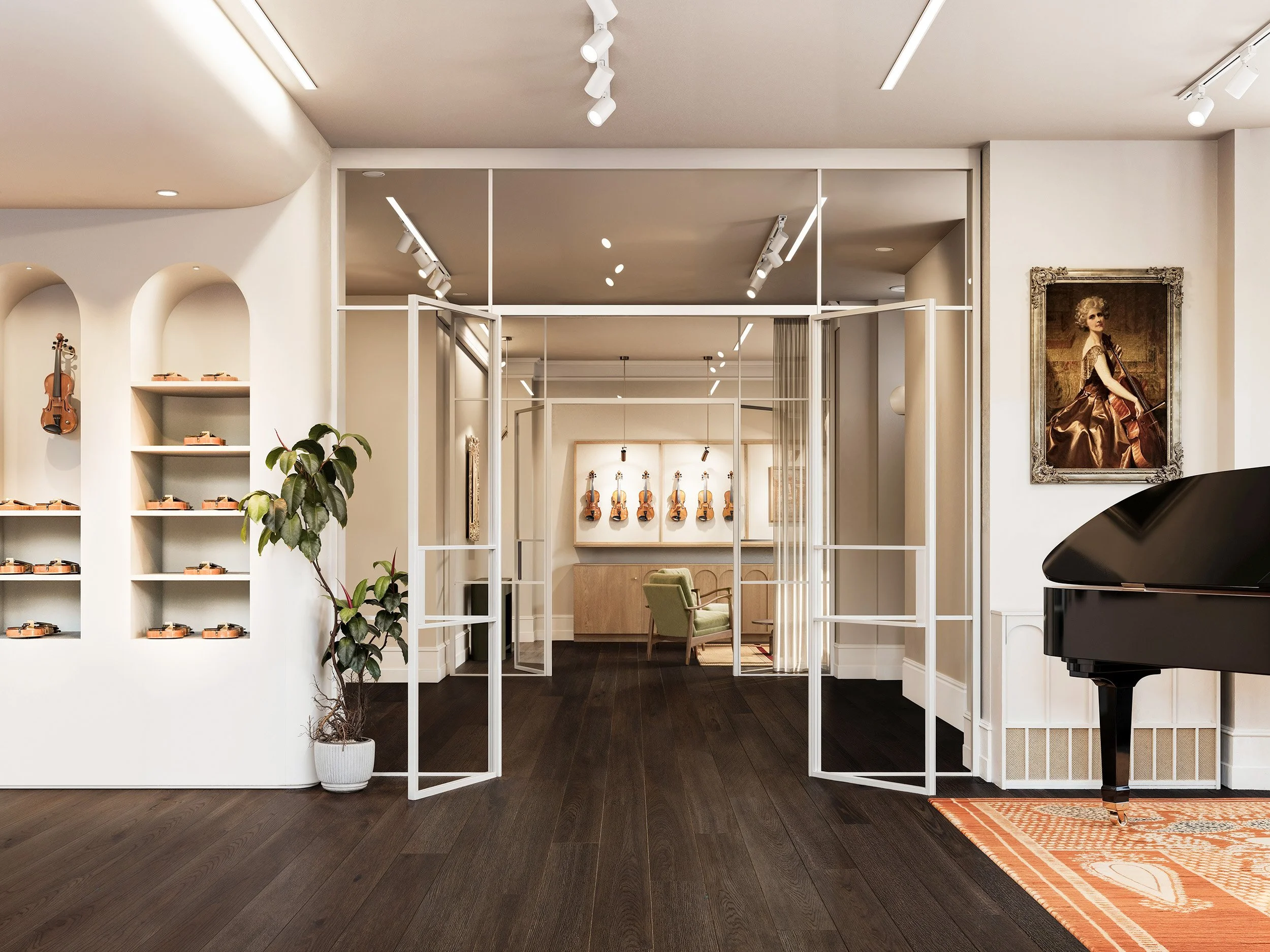 Design visual of the auction gallery with arched violin display niches and glazed partitions, set within a Grade I listed terrace