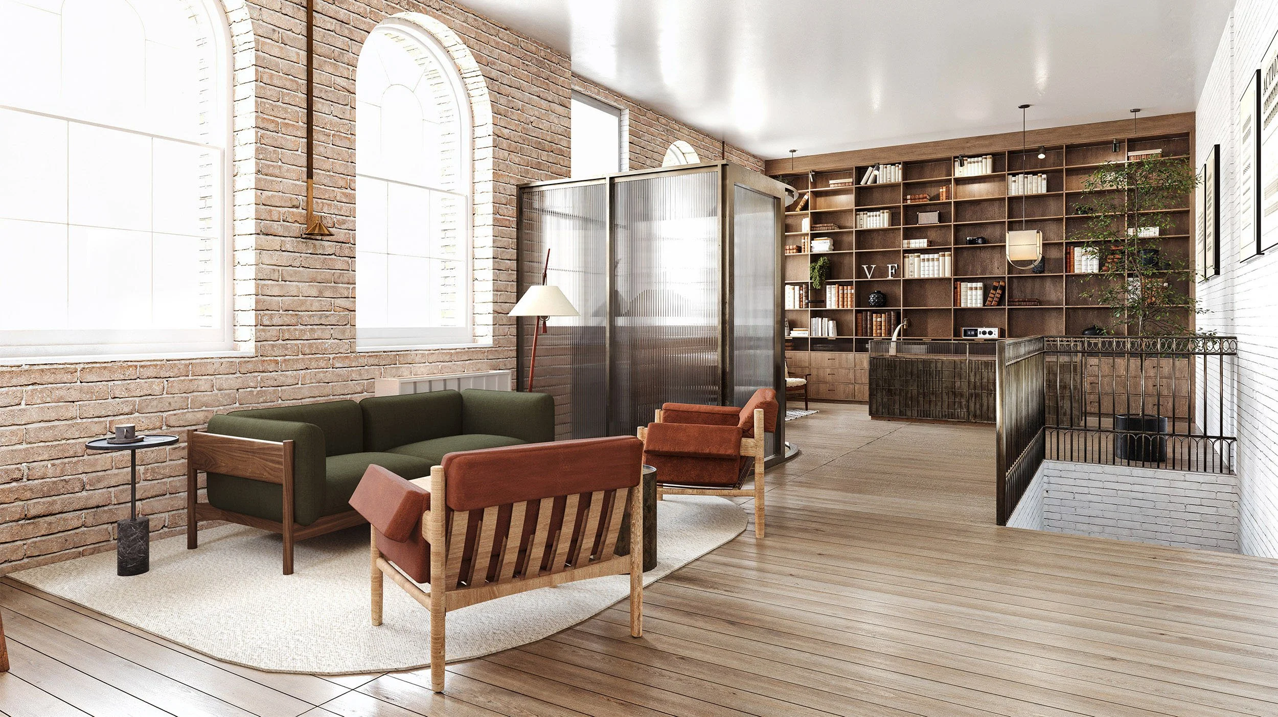 Visualisation of the proposed reception lounge, looking toward full height timber shelving beyond a green sofa and leather armchair.