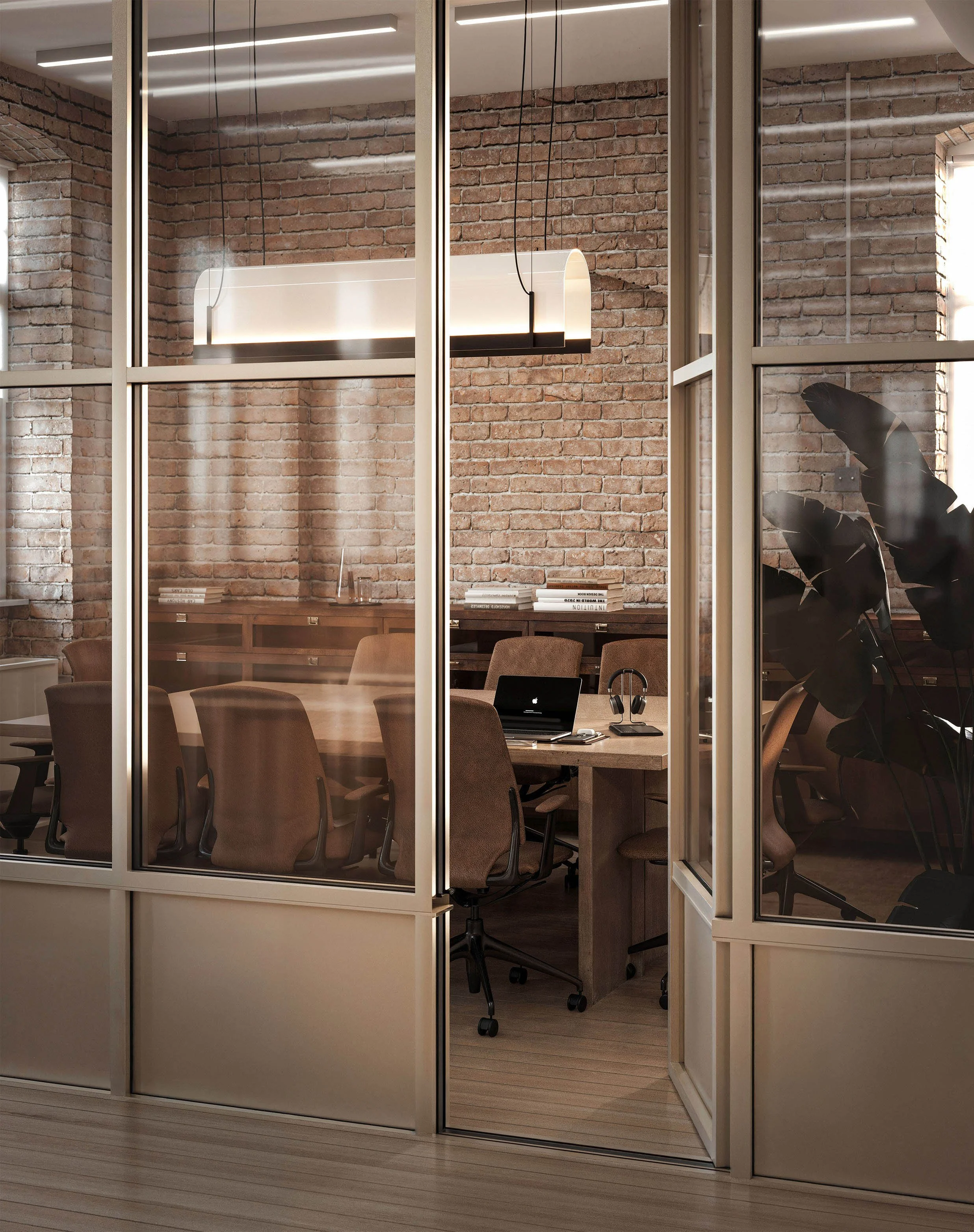 Visualisation of proposed meeting room with steel framed glass partitions and exposed brick, within a Grade II listed Clerkenwell type foundry.