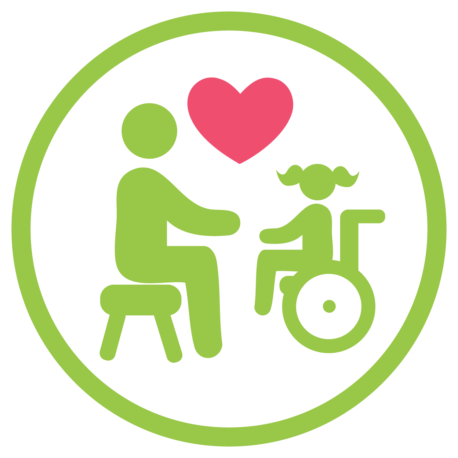 Icon of an adult and a child in a wheelchair holding hands, with a heart above them, surrounded by a green border.