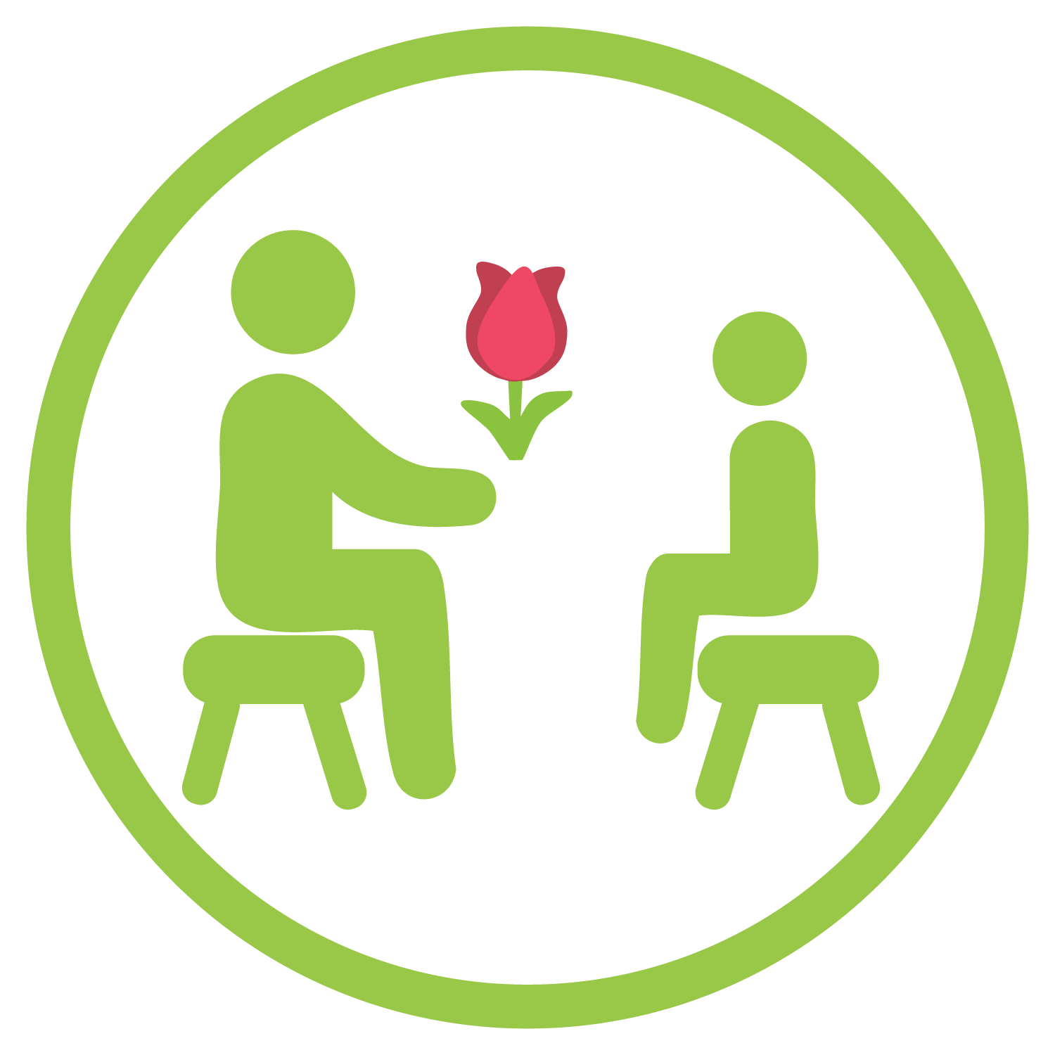 Simple green icon depicting a person giving a flower to another person, inside a circular green border.