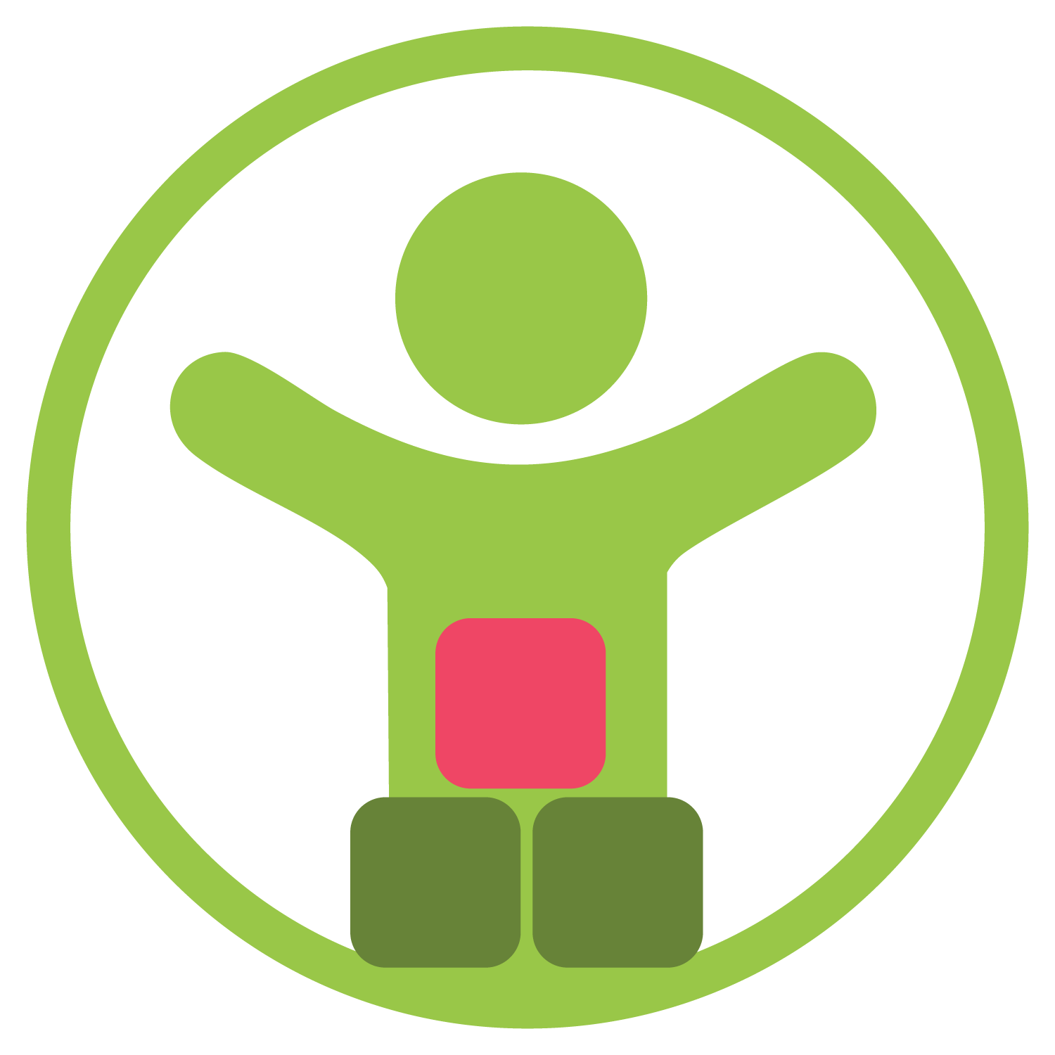 Person with arms raised, sitting cross-legged, surrounded by a green circular border, with a pink square and two green squares at the base.