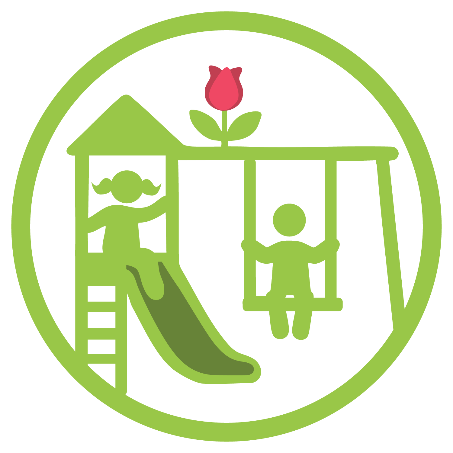 Children playing on a playground with a slide and swings, decorated with a red rose on top.