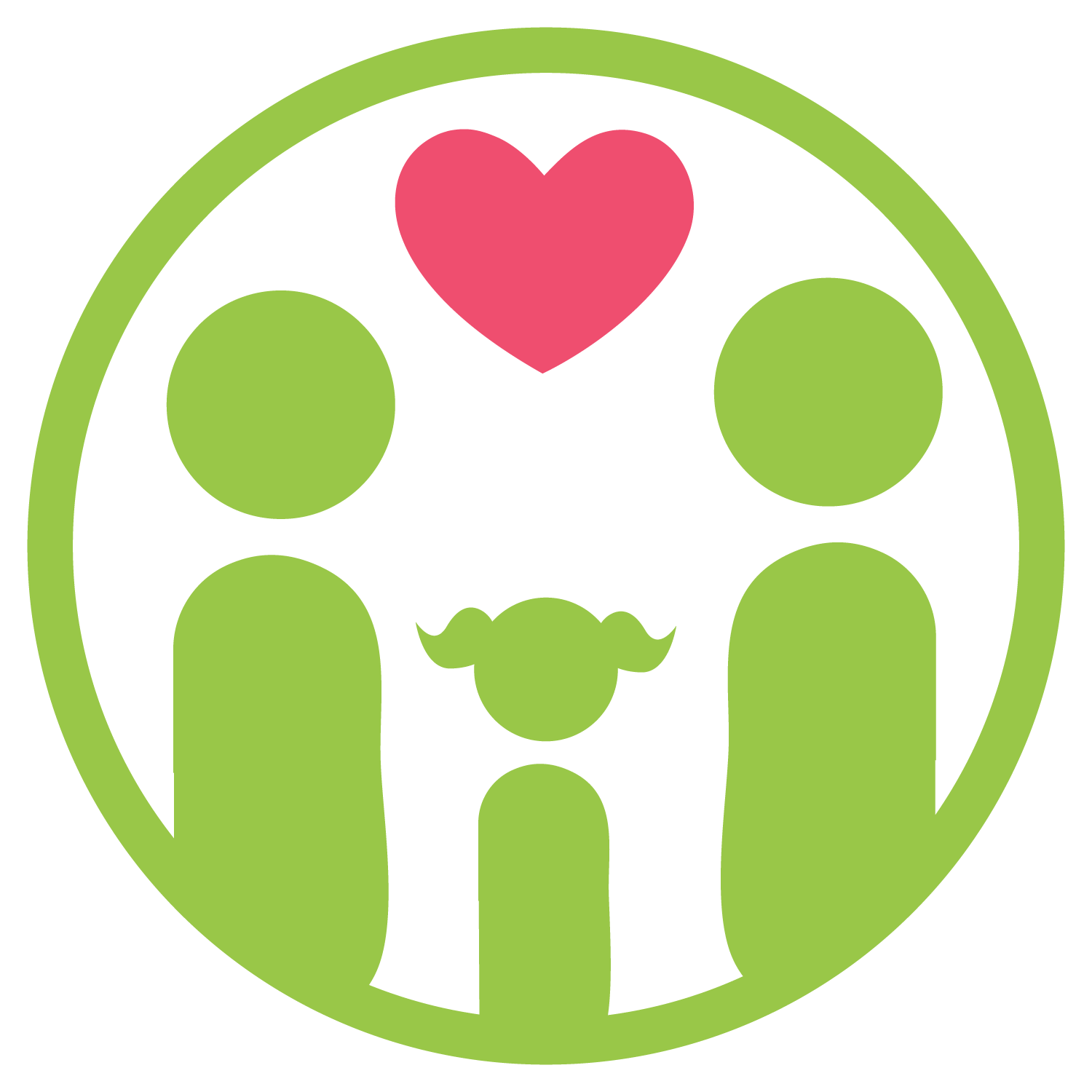 Minimalist illustration of a family with two adult figures and one child, surrounded by a green circle, with a pink heart above their heads.
