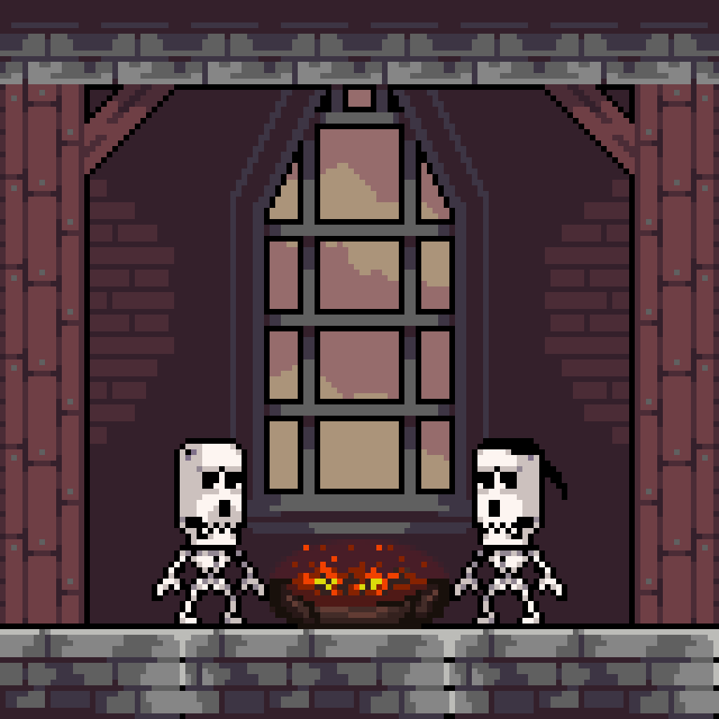 Pixel art of two skeletons sitting in front of a fireplace in a castle-like interior with a large window and brick walls.