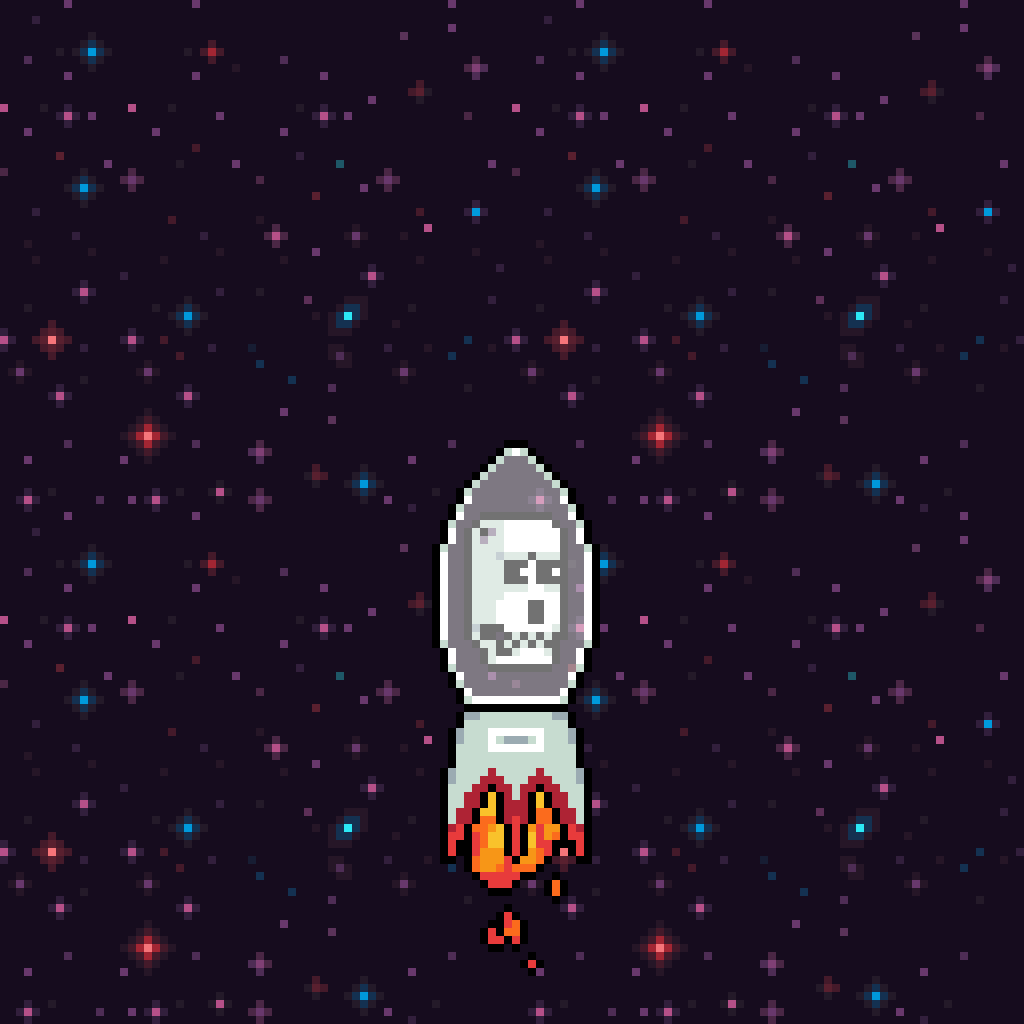 Pixel art spaceship with a skull face and flames from its bottom, traveling through a starry night sky.