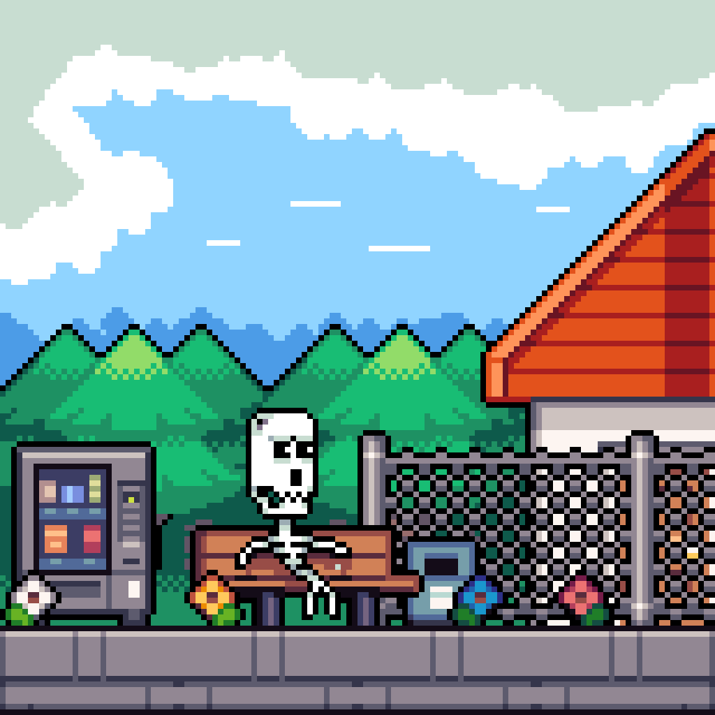 Pixel art scene of a skeleton sitting at a picnic table outdoors with a mountain range and cloudy sky in the background. There is a vending machine and a fence nearby.
