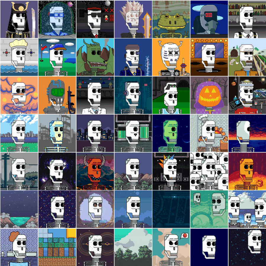 A collage of pixel art skeleton characters, each with unique backgrounds and accessories, depicting various themes like space, fantasy, cityscapes, seasons, and pop culture.