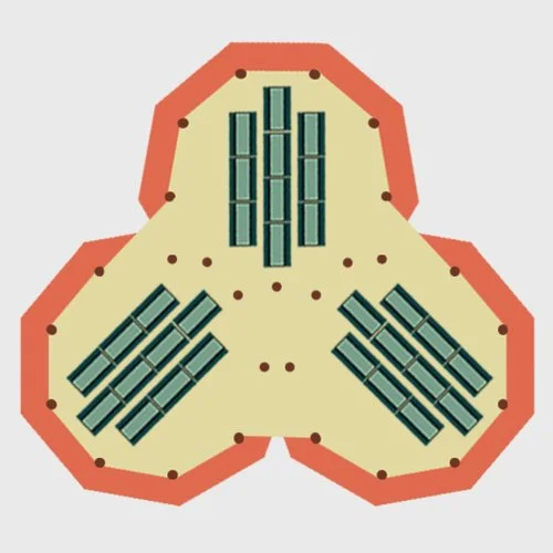 Three event tents floor plan showing a seating configuration with tables and benches with three tents connected