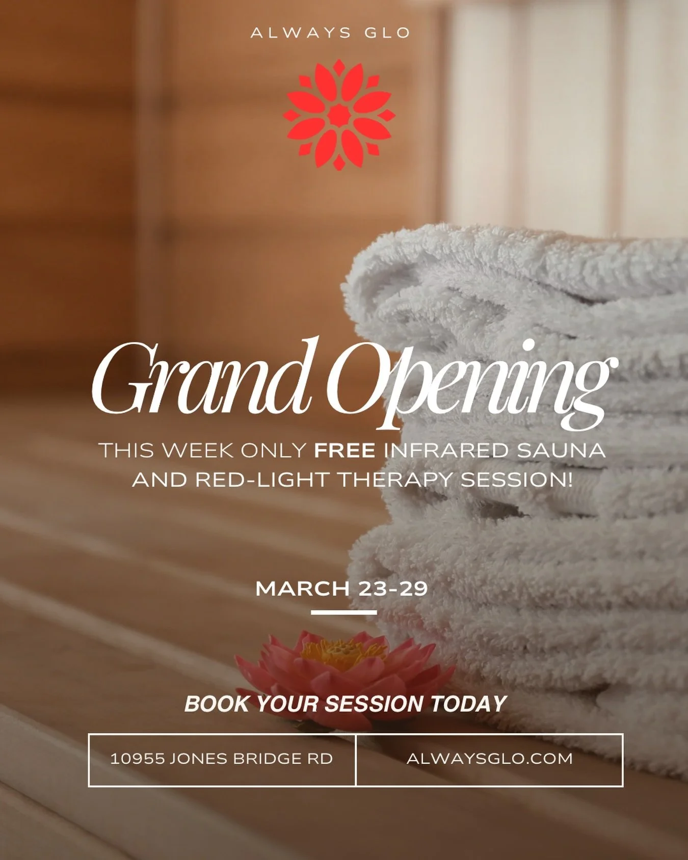THIS WEEK ONLY ✨

Enjoy a complimentary wellness experience on us. Book your FREE infrared sauna or red-light therapy session from March 23&ndash;29.

Simply visit ALWAYSGLO.COM, click &ldquo;Book Session&rdquo;, and reserve your appointment&mdash;on