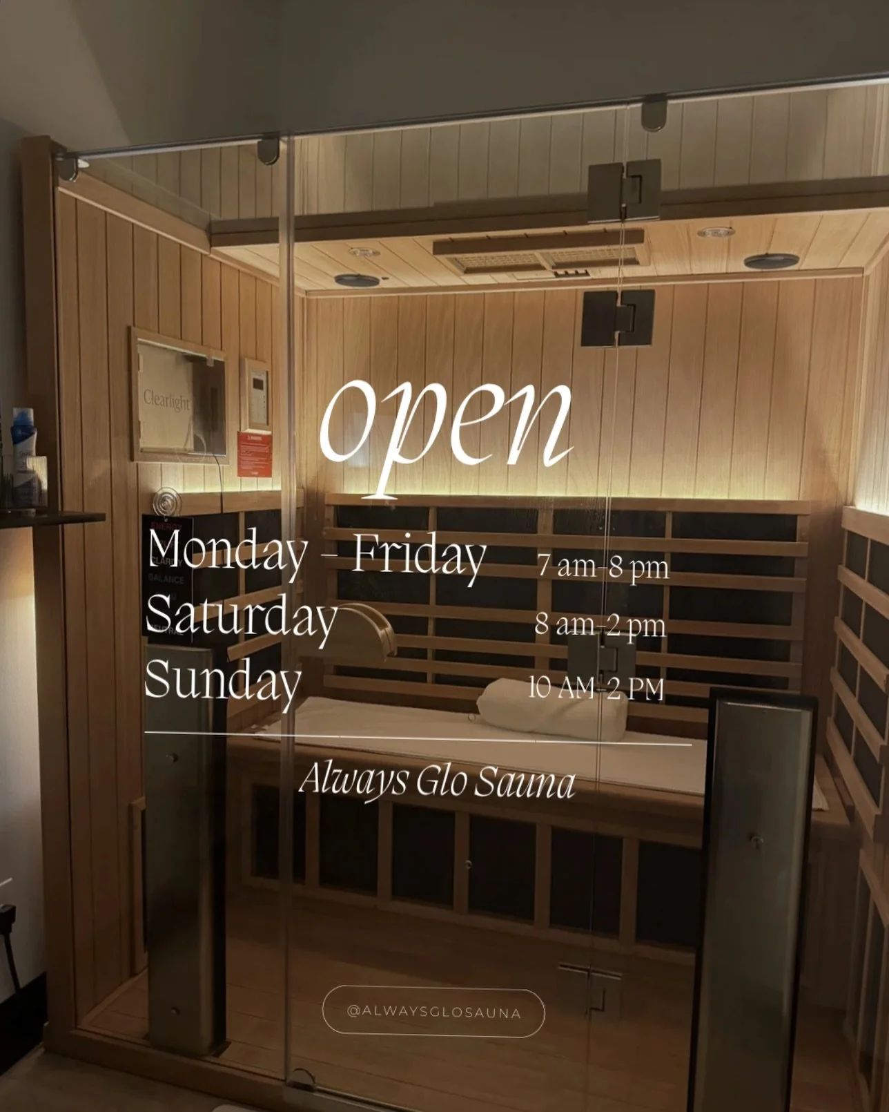 Our hours 🫶🏻

Book your session at alwaysglo.com and take a moment to reset&mdash;indulge in red light therapy, unwind in the sauna, and leave feeling your best ✨

#redlighttherapy #saunasession #sauna #redlight #alwaysglosauna