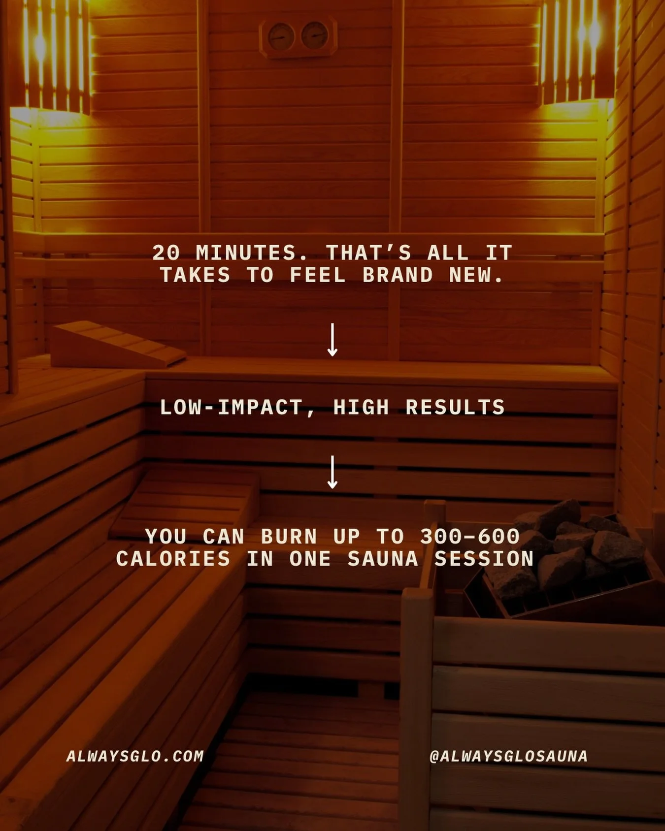At Always Glo, our sauna sessions are more than just sweat&mdash;they&rsquo;re a full-body reset. From boosting circulation to helping your body release what it doesn&rsquo;t need, this is your time to recharge from the inside out.

20 minutes in the