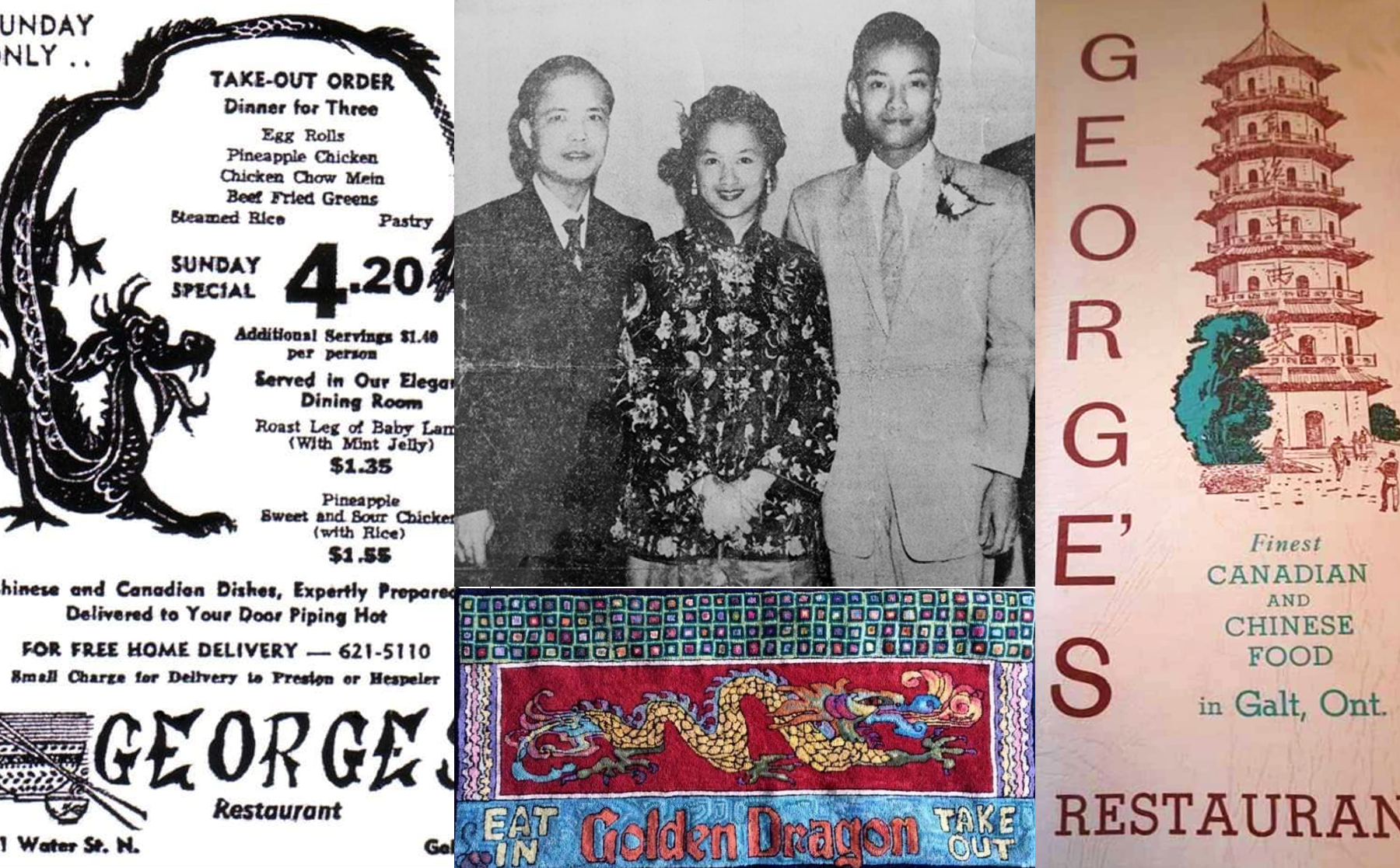 A collage of three images: an old black-and-white photo of three people dressed in formal attire, a vintage restaurant menu offering take-out food, and a colorful illustration of a Chinese pagoda with the word 'Gorges' and some text about Canadian an