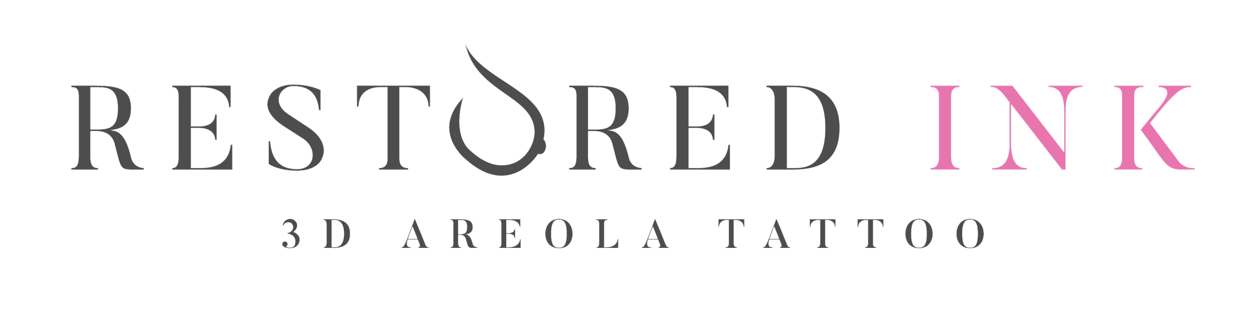 Logo for Restored Ink, a 3D Areola Tattoo studio, with a black background and stylized text in gray and pink.
