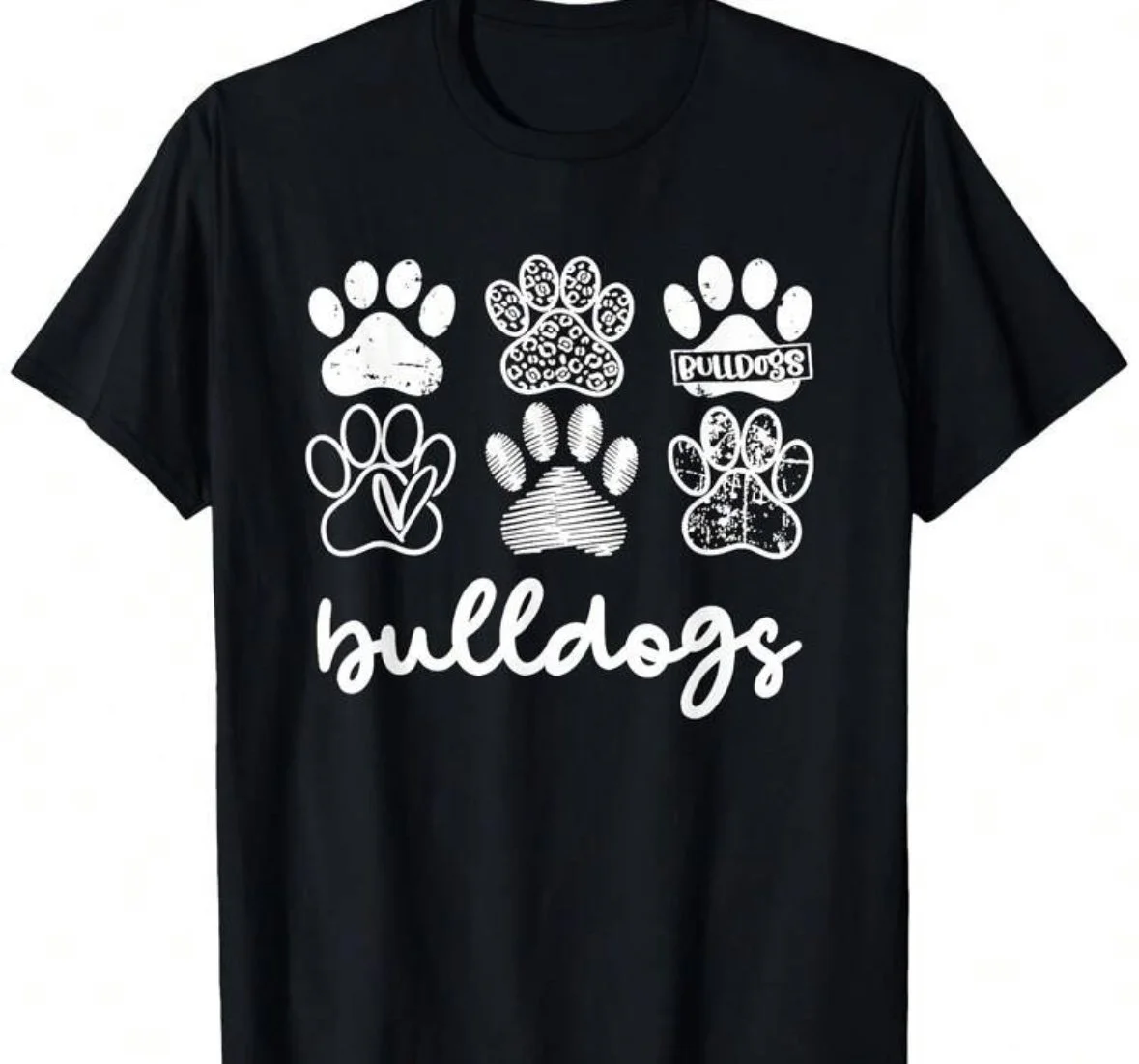Black T-shirt with white design of six dog paw prints, the word 'bulldogs' in cursive, and a rectangular badge with 'BULLDOGS' inside.