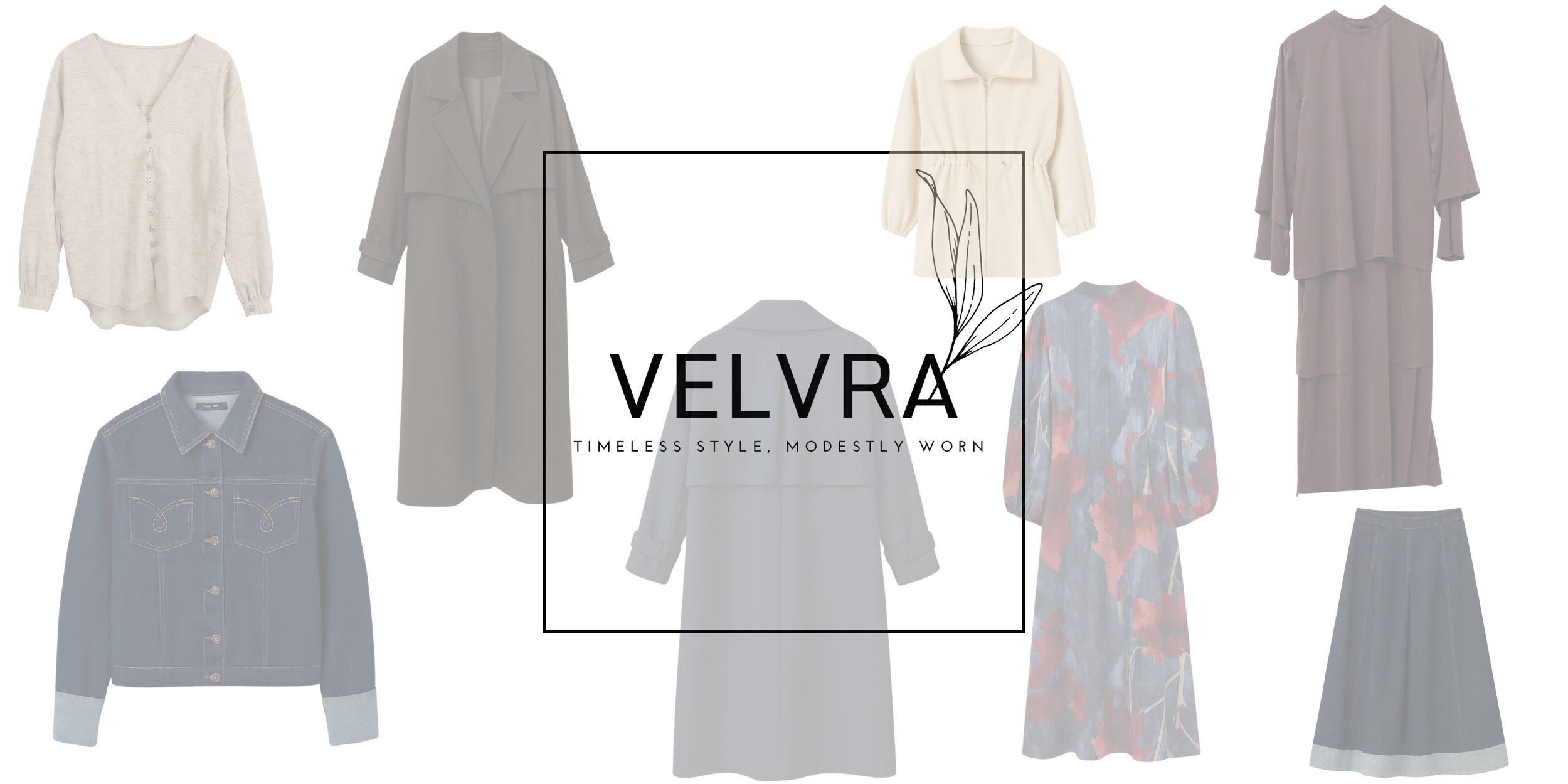 Een collage van verschillende dameskledingstukken, inclusief jassen, truien en jurken, met het merklogo VELVRA en de slogan 'Timeless Style, Modestly Worn' in het midden.