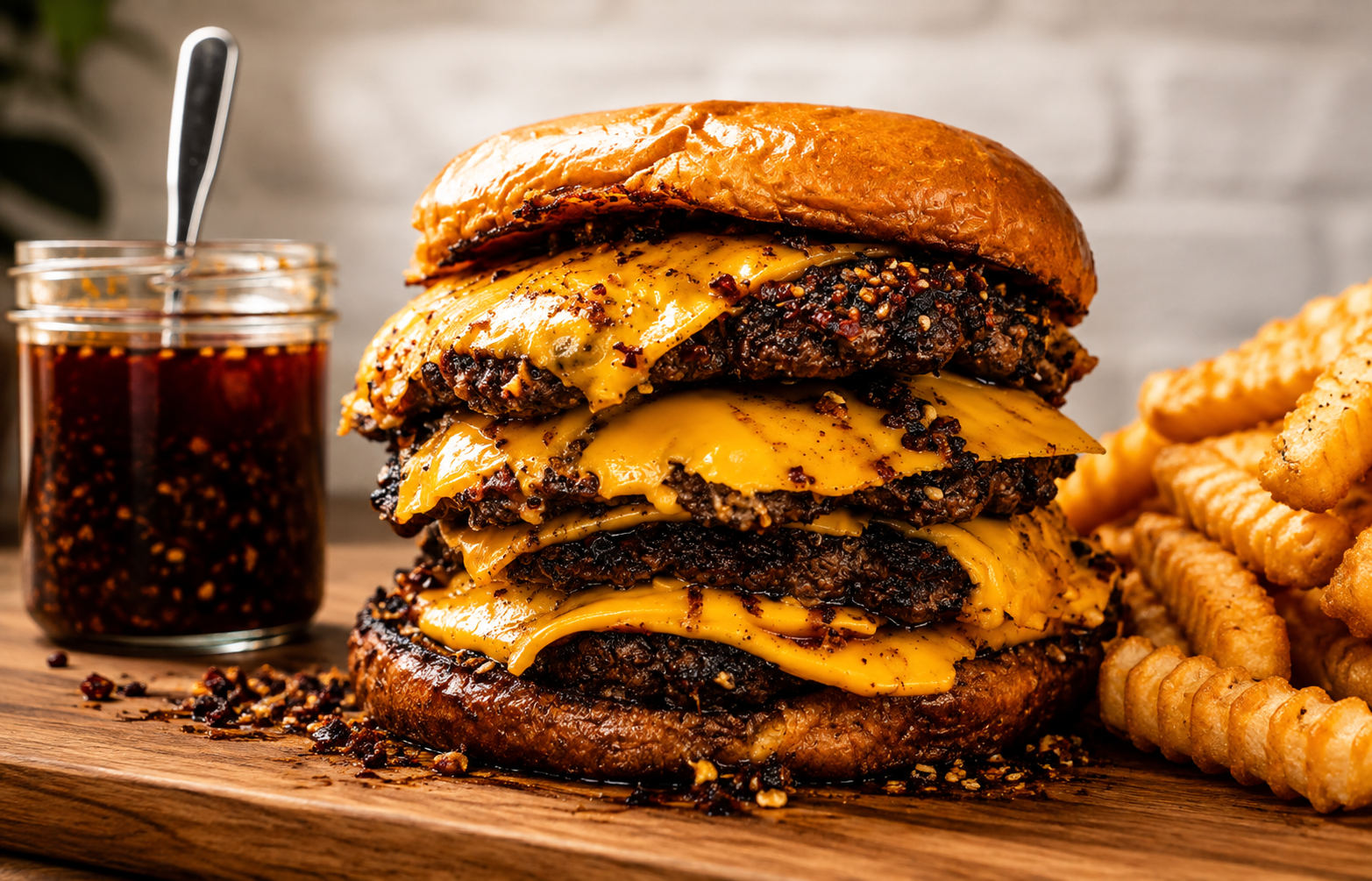 OG Crunch smash burger with melted cheese on brioche