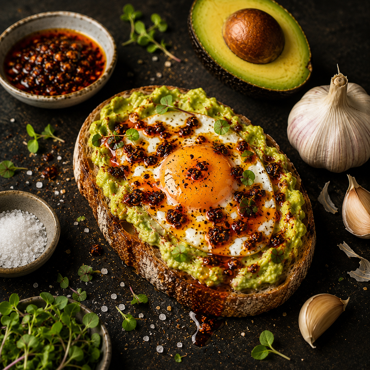 OG crunch drizzled over a fried egg, avocado and sourdough