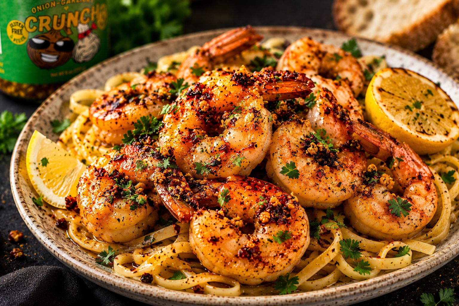 Garlic butter shrimp finished with OG Crunch chili crisp