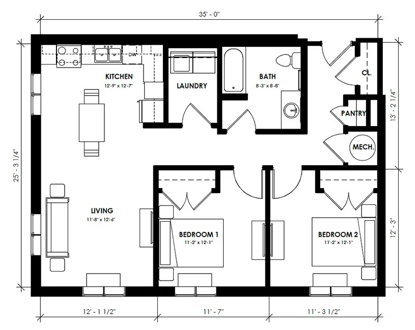 Floor plan of a house showing two bedrooms, a living room, a kitchen, a bathroom, laundry room, pantry, closet, and mechanical room with measurements.
