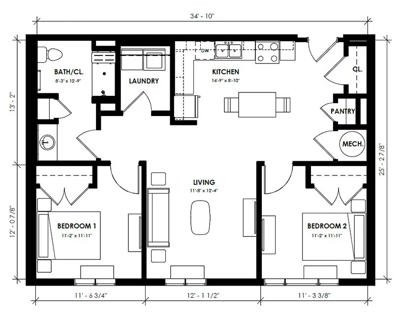 Floor plan of a two-bedroom apartment showing a living room, two bedrooms, a kitchen, a bathroom, a laundry room, a pantry, a mechanical room, and closets, with dimensions labeled.