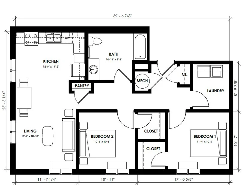 Floor plan of a residential home showing a living room, kitchen, pantry, bathroom, laundry room, two bedrooms, closets, and mechanical room with dimensions.