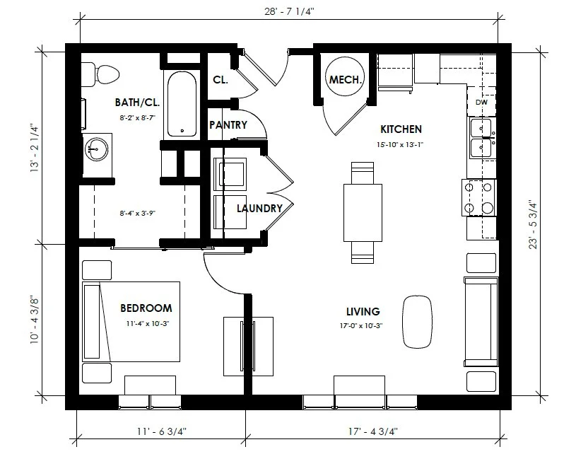 Floor plan of a one-bedroom apartment showing a bedroom, bathroom, kitchen, living room, laundry closet, pantry, mechanical room, and closets, with dimensions for each room.