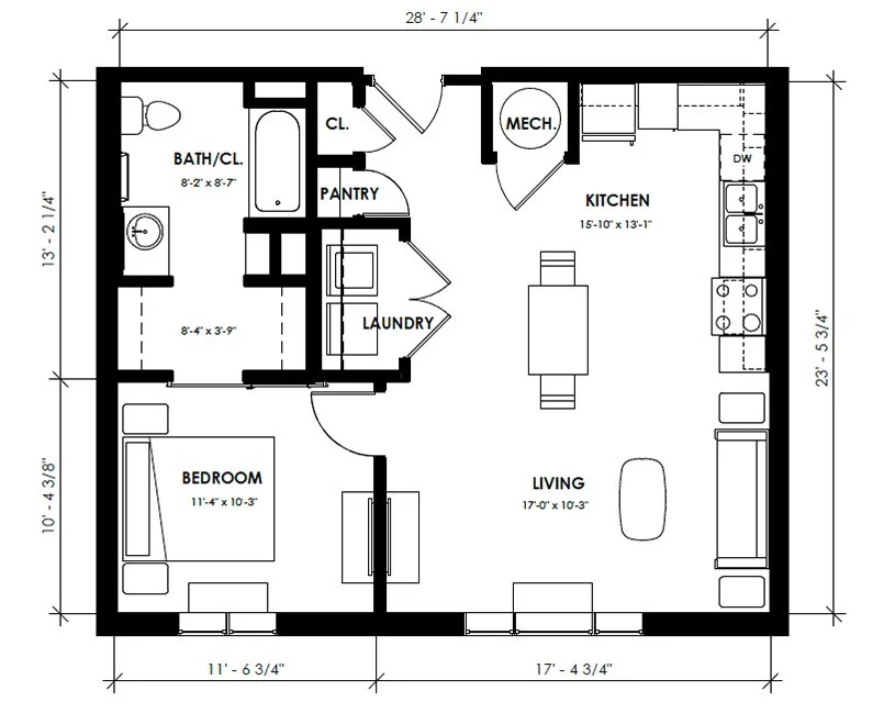 Floor plan of a one-bedroom apartment showing a bedroom, bathroom, laundry room, pantry, kitchen, living area, and mechanical room with dimensions labeled.