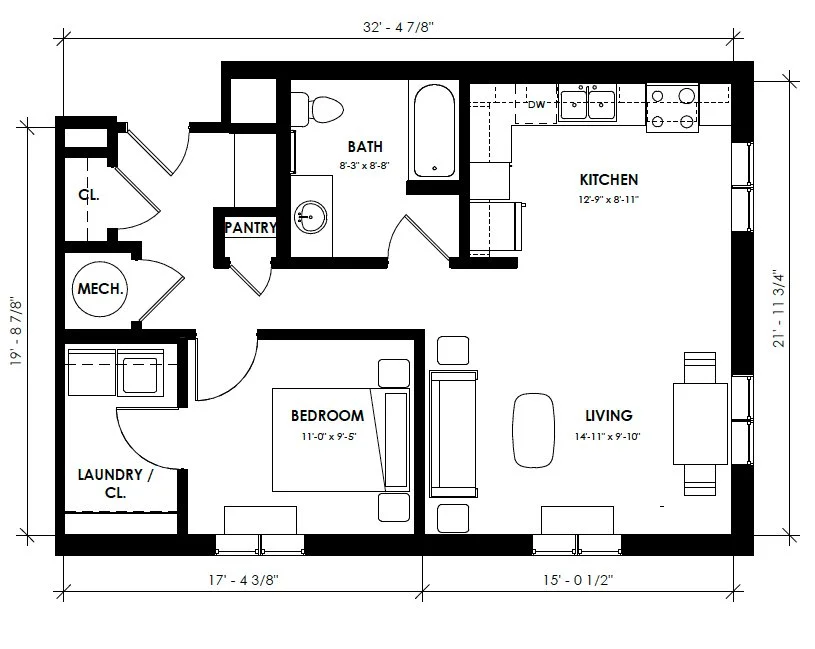 Floor plan of a one-bedroom apartment showing a living room, kitchen, bedroom, bathroom, pantry, mechanical room, laundry closet, and closet, with dimensions.