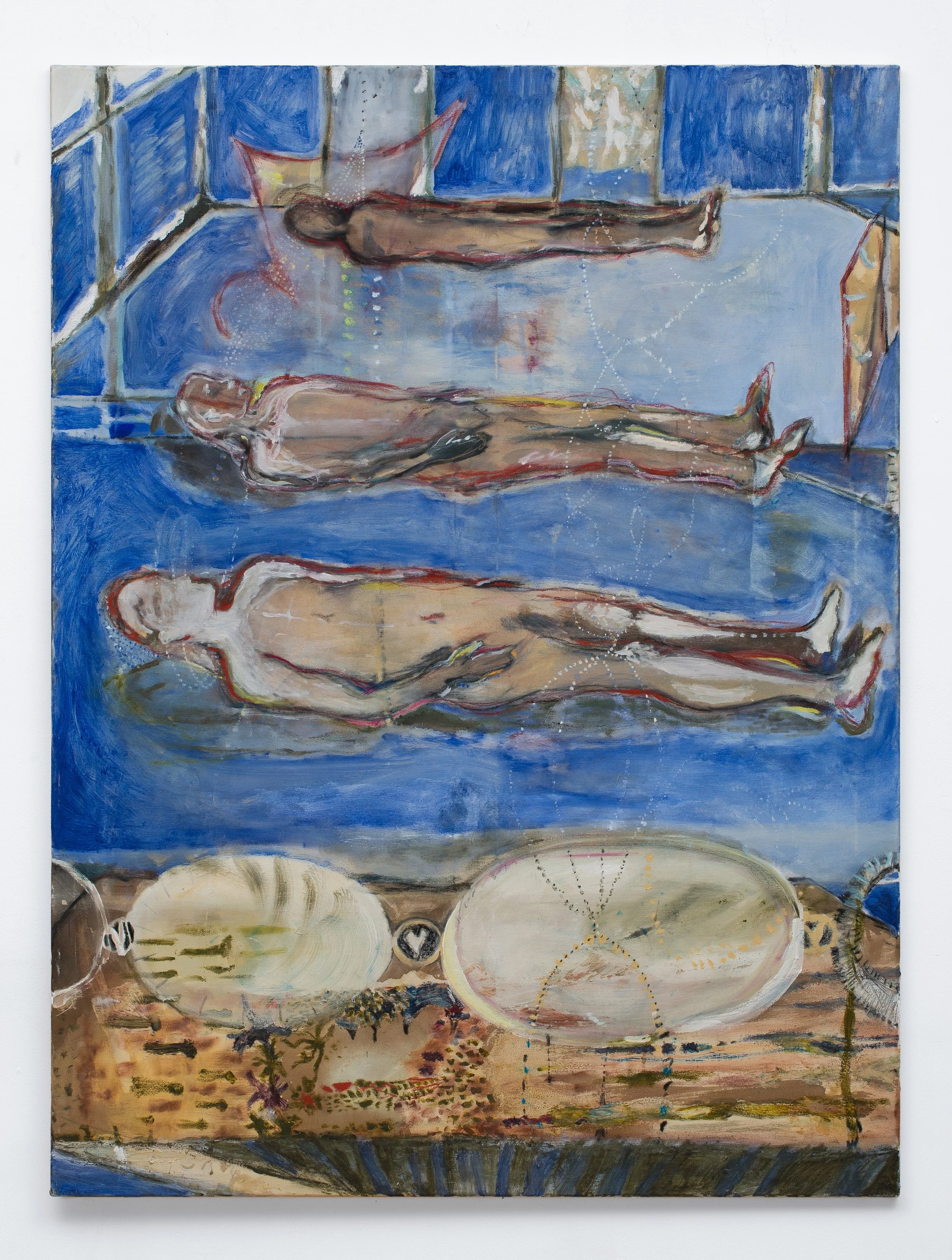 A painting with multiple abstract figures of reclining nude women, set against a background of varied colors and textures. The composition features blue, brown, and beige hues with geometric and organic shapes.