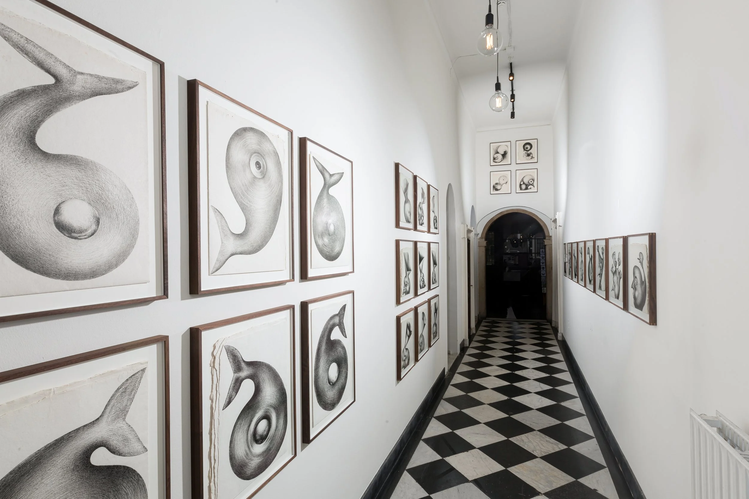 Art gallery hallway with black and white abstract drawings of spirals and shapes on the wall, illuminated by hanging lightbulbs with a checkered floor.
