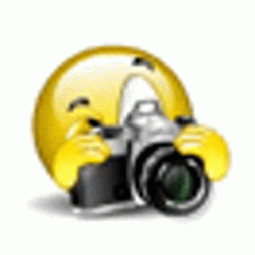 Smiling yellow emoji holding a camera.