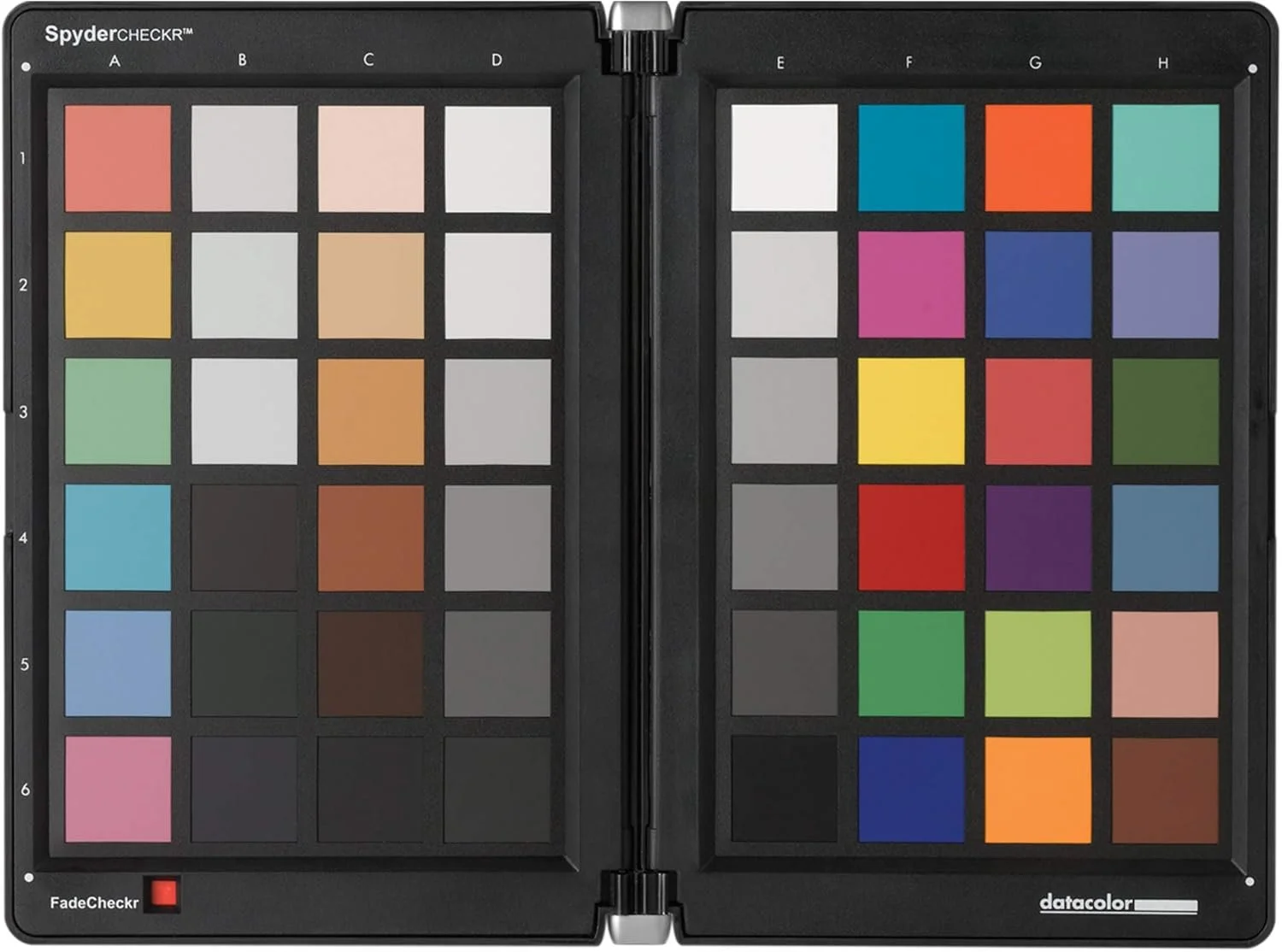 Color calibration chart with numerous color swatches organized in a grid on both pages of a black folio, labeled 'SpyderCHECKR' on the top left.
