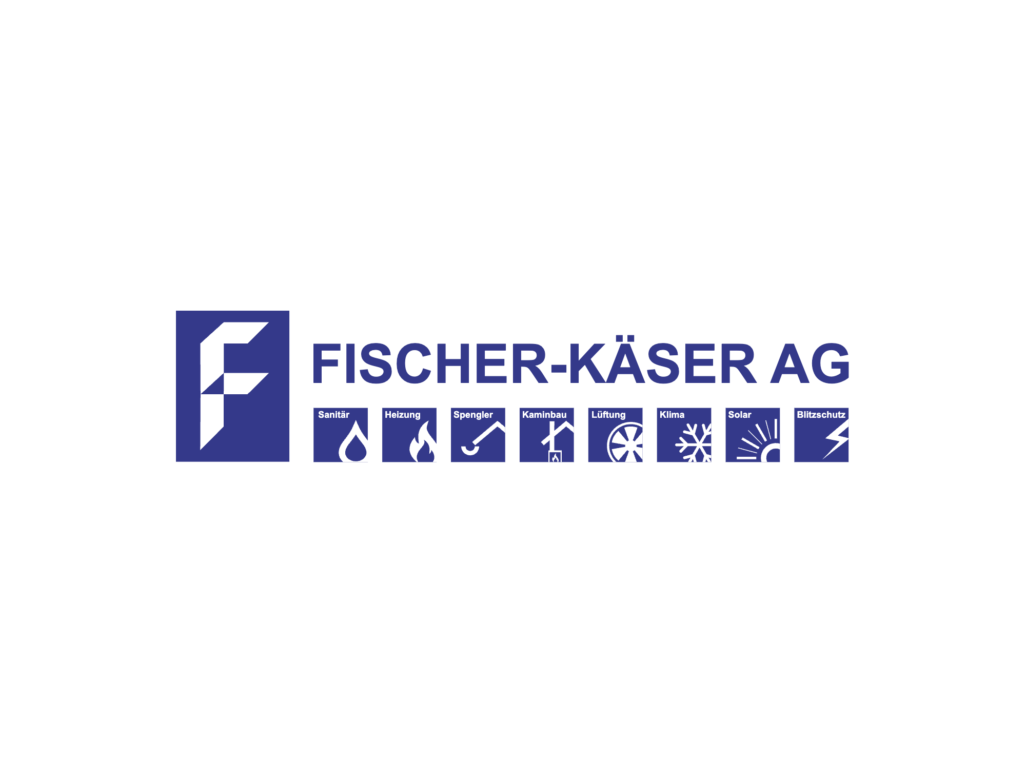 Fischer-Käser AG logo with icons representing various industrial or manufacturing processes, including liquid, fire, wrench, arrow, wheel, snowflake, sun, and lightning