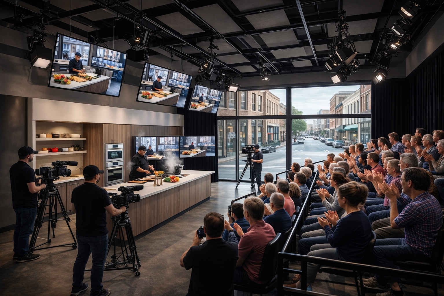 A cooking demonstration or class taking place in a modern studio with a chef preparing food at a counter. The studio has large windows showing a street outside. Several camera operators film the event. An audience is seated and clapping, watching the chef on stage.