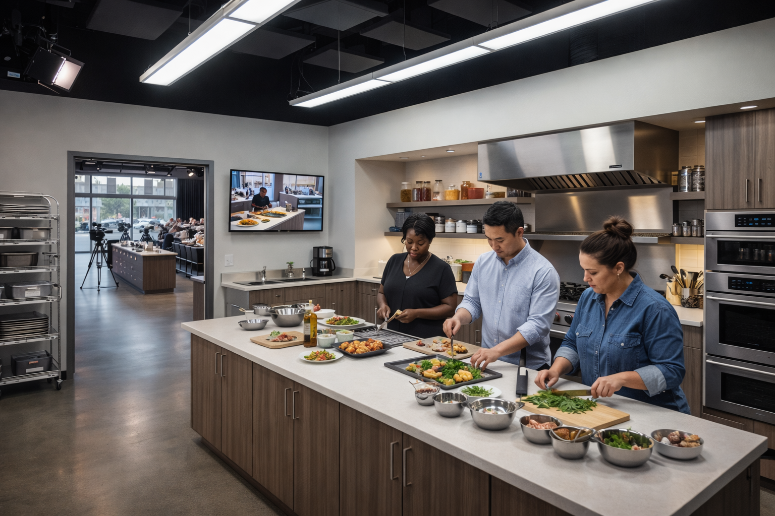 Three people preparing food in a modern kitchen with a large island, stainless steel appliances, and a TV showing a cooking show in the background.