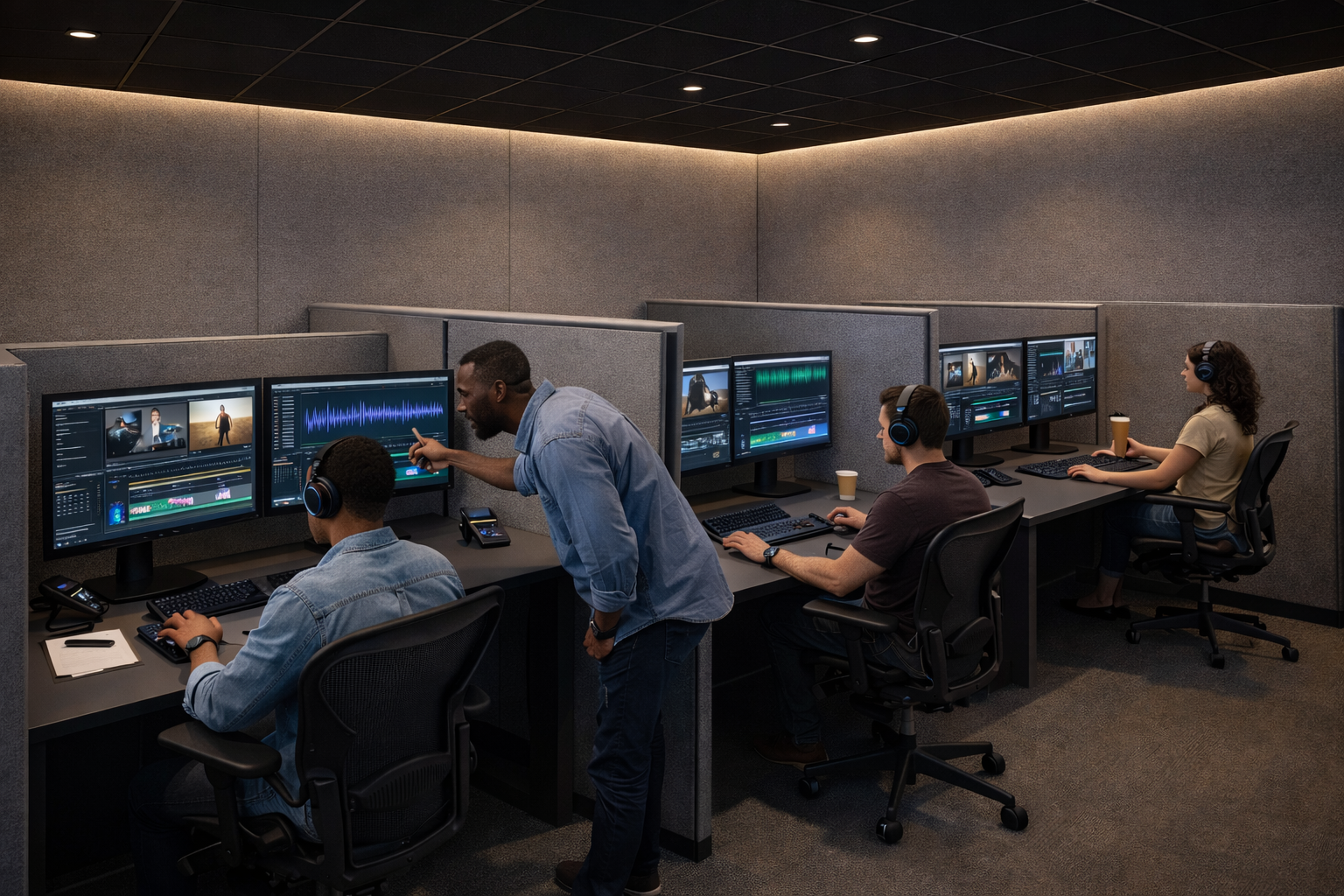 Four people working in a video editing studio with multiple monitors, headphones, and editing software, with one instructor providing guidance.