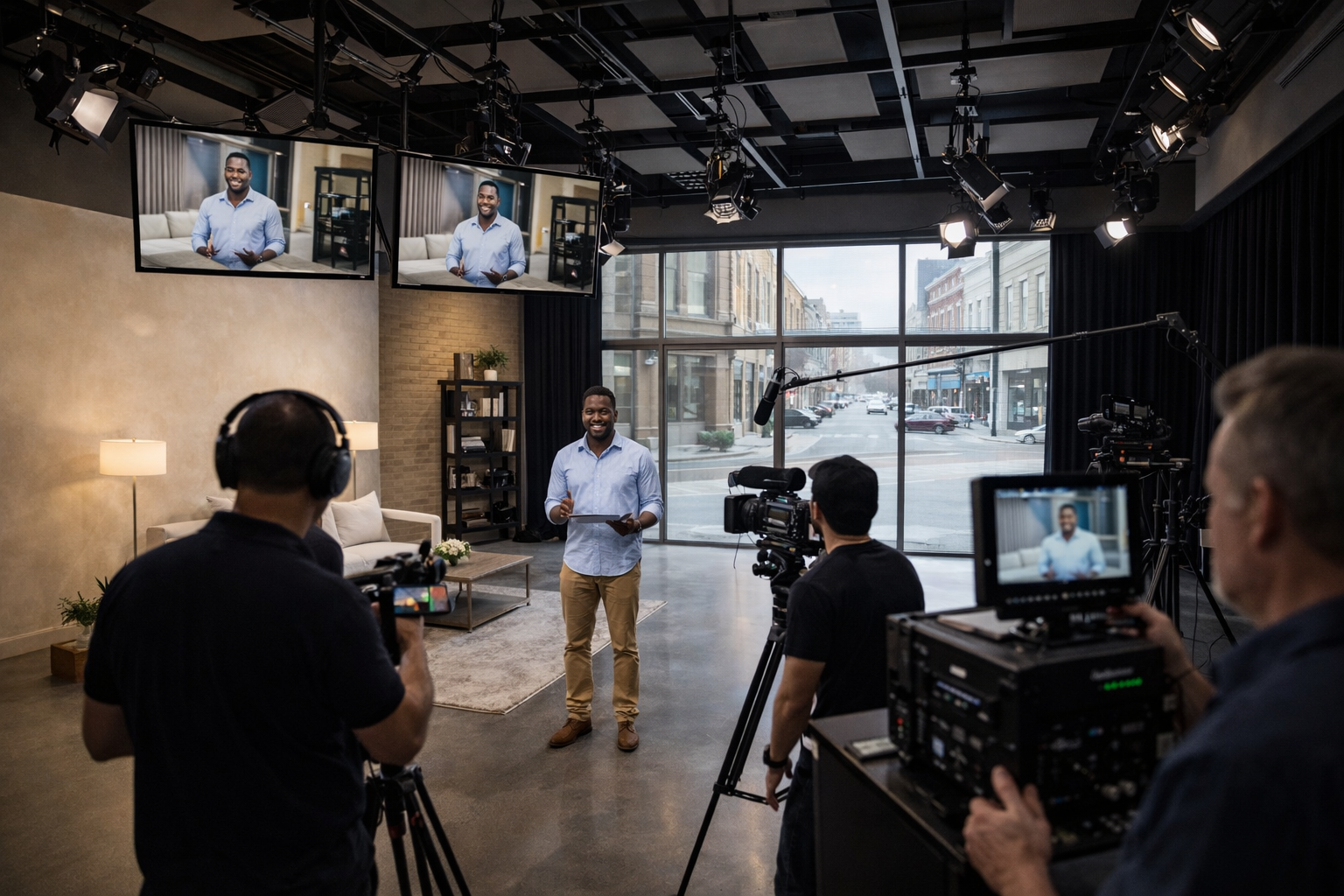 A man in a light blue shirt and khaki pants is standing in front of a camera crew in a TV studio, preparing to record a video. The studio has large windows showing a city street outside, with two monitors above showing a close-up of the man, and the set includes a sofa, a bookshelf, and lamps.
