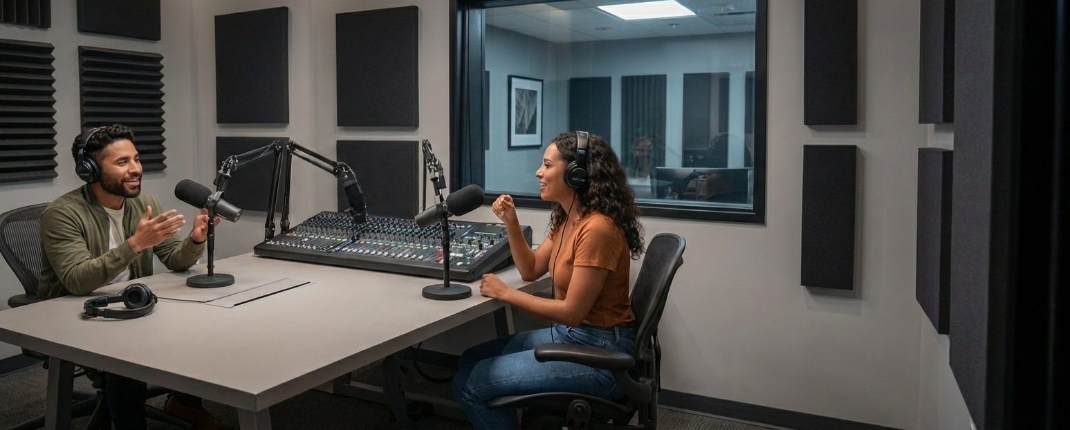 Two people are in a radio recording studio with microphones, headphones, and soundproofing. They are speaking and smiling at each other.