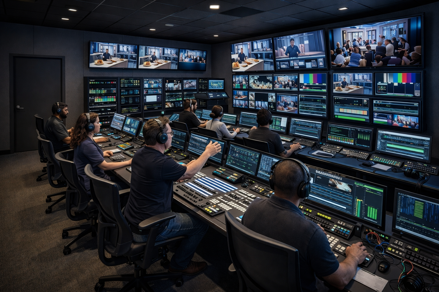 Video control room with multiple operators at desks working on computers, monitoring multiple screens displaying live video feeds and broadcast content.