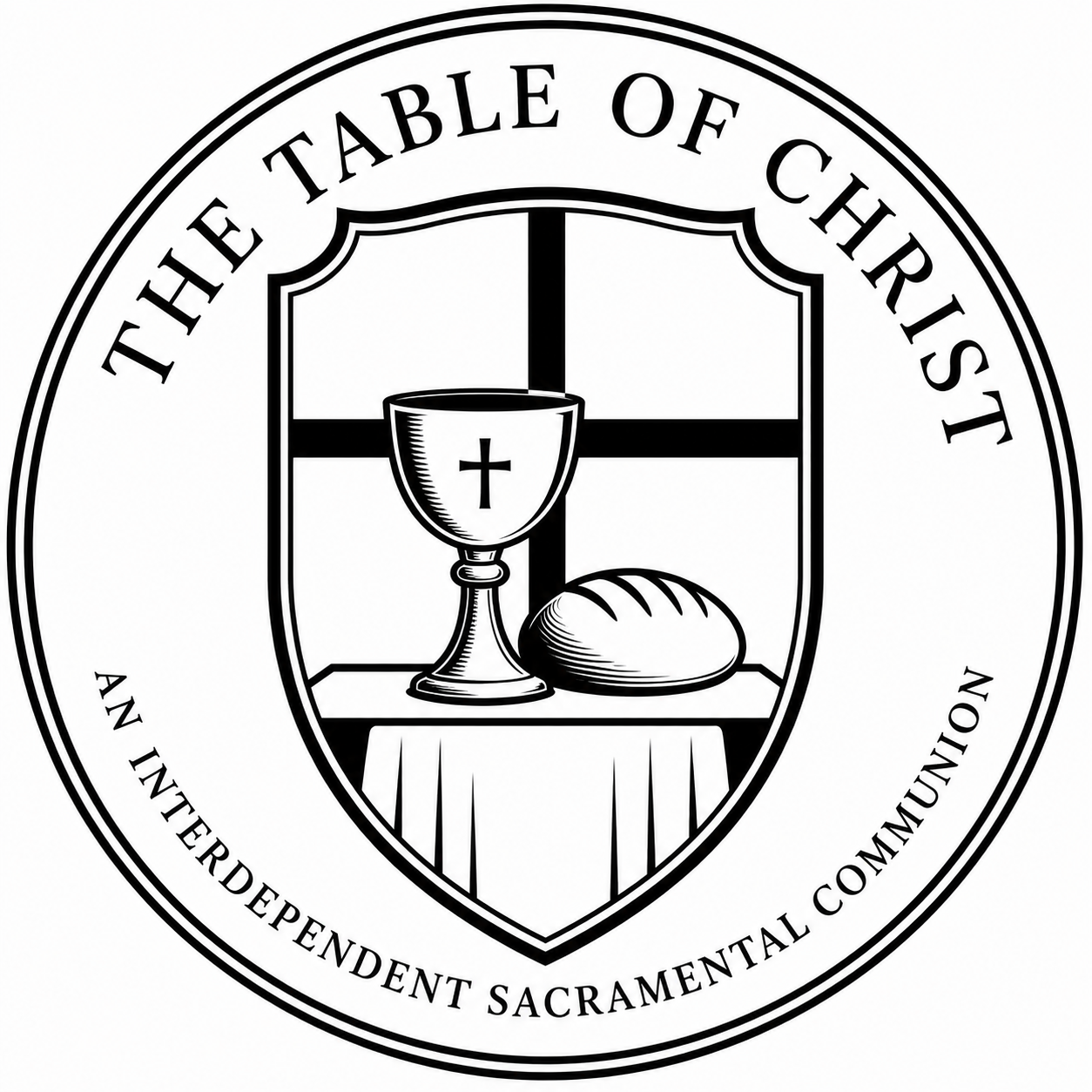Seal of the Interdenominational Sacramental Community with a shield containing a chalice with a cross and a loaf of bread, surrounded by the text 'The Table of Christ'.