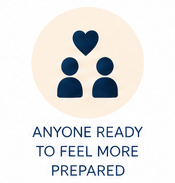 Two stylized figures with a heart above them, with the text 'Anyone ready to feel more prepared' beneath.