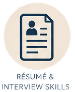Icon of a resume or document with a profile picture and text lines, overlaid with the text 'Resume & Interview Skills' in blue.